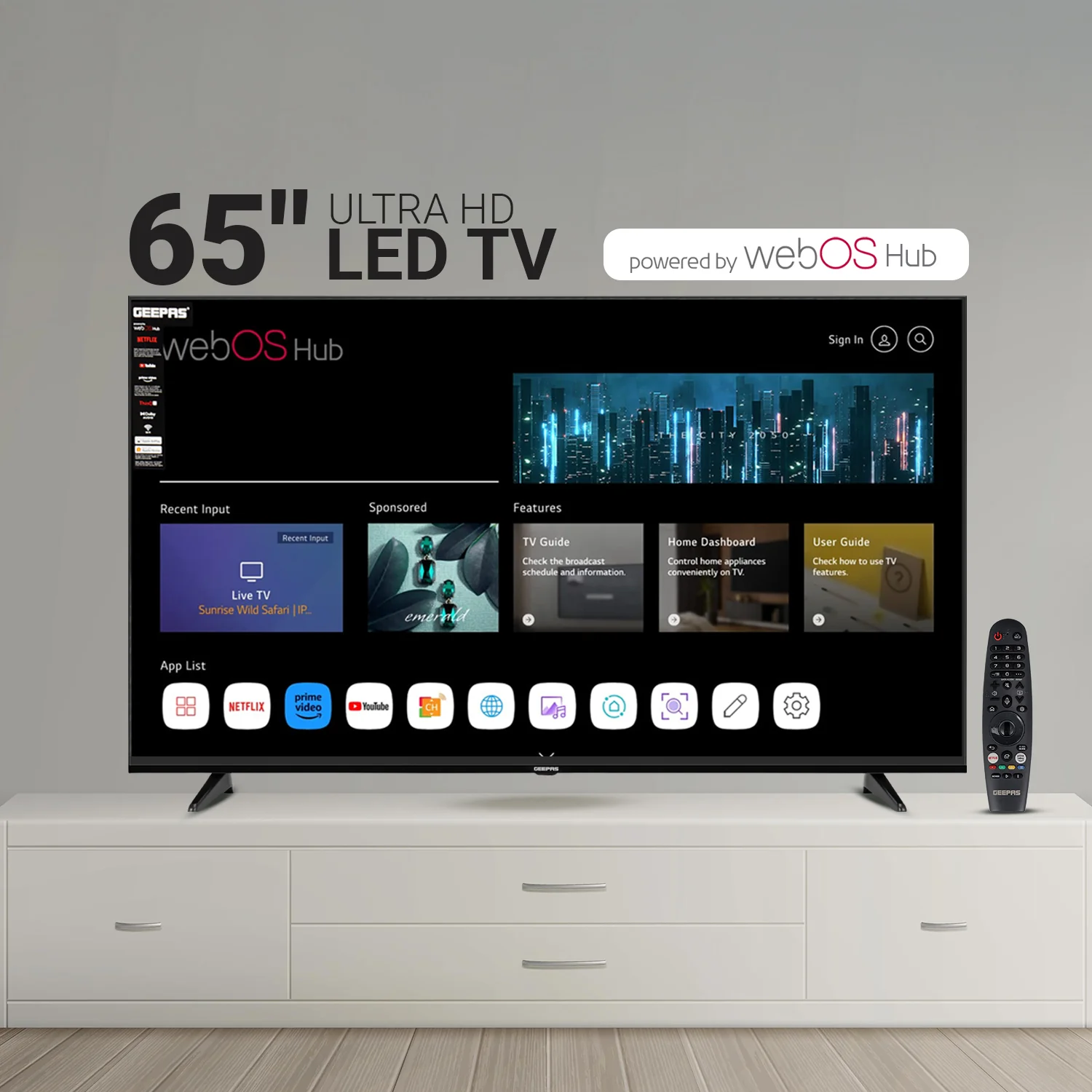 Geepas GLED6569SVUHD 65-Inch Ultra HD Smart LED TV | 4K UHD | webOS Hub| Frameless Design | HDMI & USB Connectivity | HQ Sound | Slim LED Display | Built-in Apps - Image 2