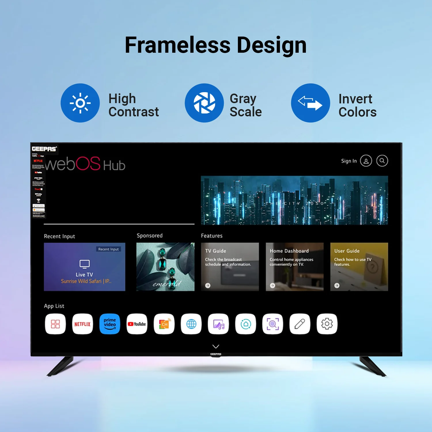 Geepas GLED6569SVUHD 65-Inch Ultra HD Smart LED TV | 4K UHD | webOS Hub| Frameless Design | HDMI & USB Connectivity | HQ Sound | Slim LED Display | Built-in Apps - Image 6