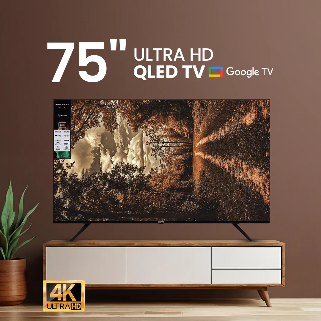 Geepas GLED7535GTQLD 75” 4K Ultra HD QLED Smart TV |  Google TV |  Dolby Audio & HDR |  Built-in Chromecast |  Voice Remote |  3 HDMI, 2 USB,  WiFi  &  Bluetooth - Image 2