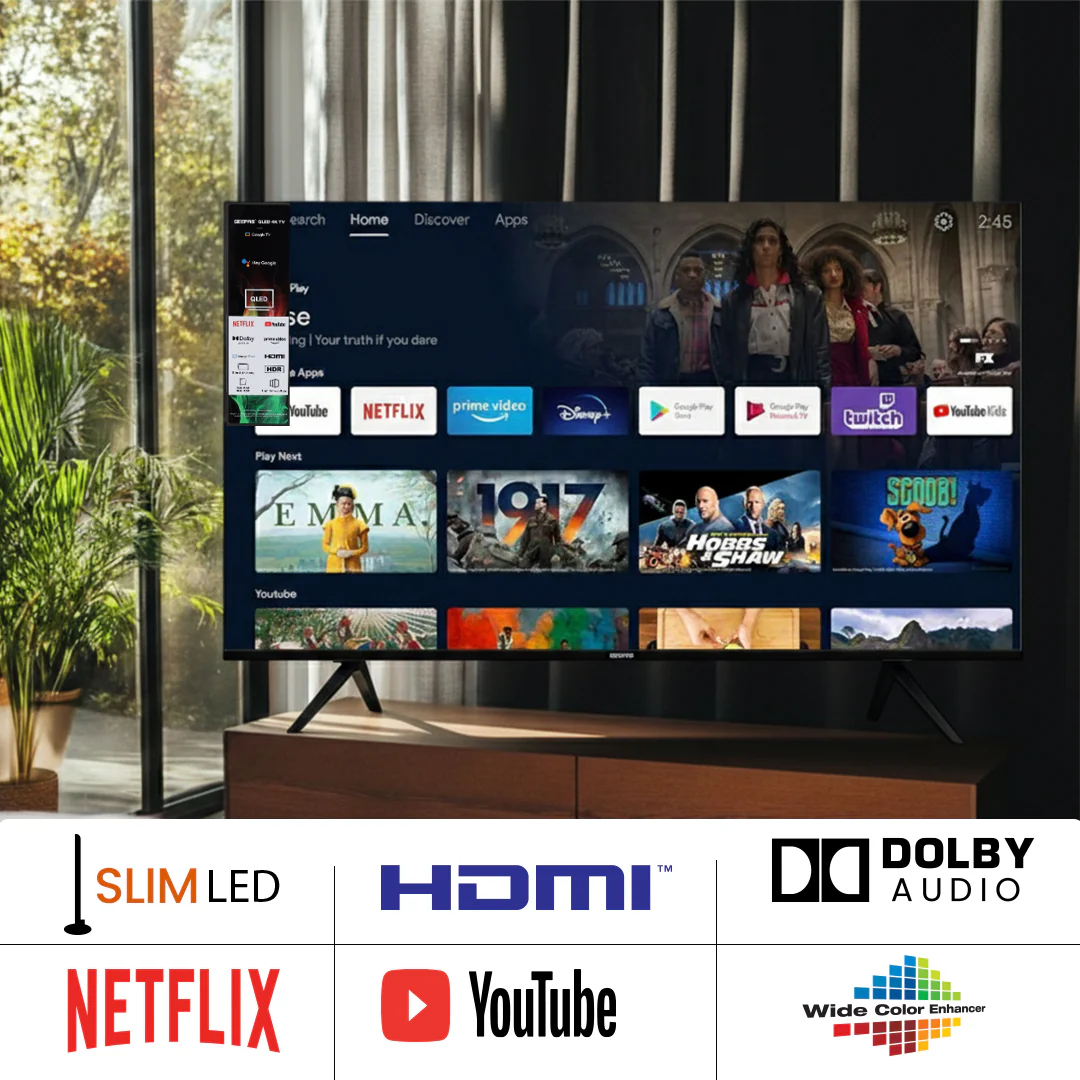 Geepas GLED7535GTQLD 75” 4K Ultra HD QLED Smart TV |  Google TV |  Dolby Audio & HDR |  Built-in Chromecast |  Voice Remote |  3 HDMI, 2 USB,  WiFi  &  Bluetooth - Image 5