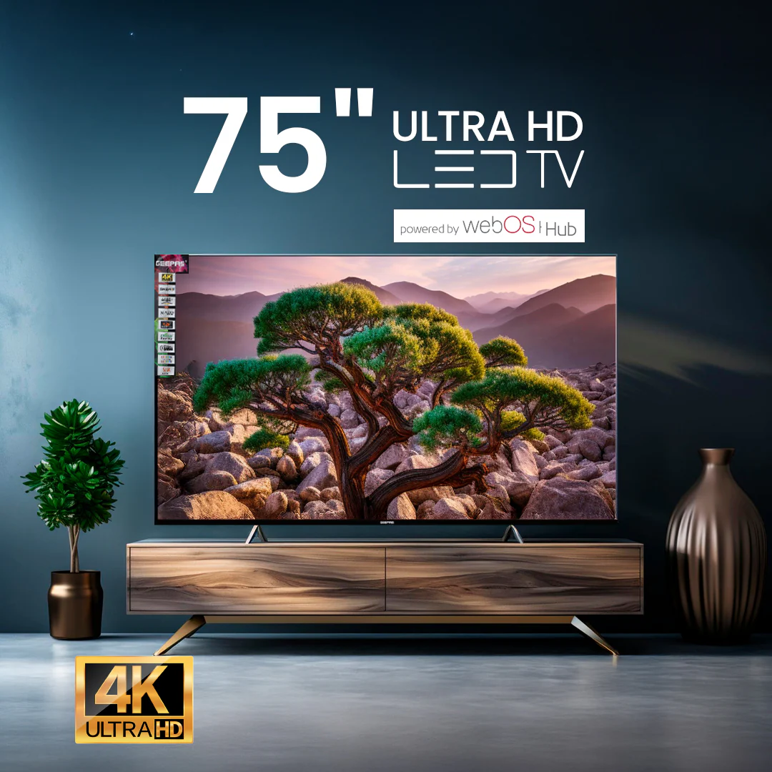Geepas GLED7580SWUHD 75” 4K Ultra HD LED Smart TV |  WebOS Hub | Apple AirPlay | Frameless Design | MEMC Technology | 3 HDMI, 2 USB, Magic Air Mouse & Smart Apps - Image 2
