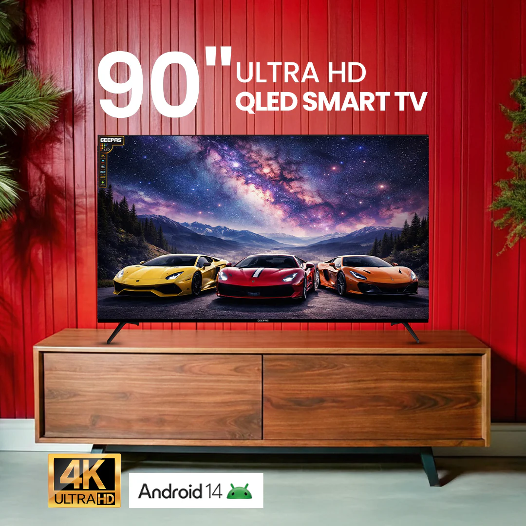Geepas GLED9017CQLED 90” Ultra HD QLED Smart TV |Android 14 | Frameless Design | Full Color Optimizer | 3 HDMI, 2 USB, 300cd/m² Brightness | Energy Saving Technology - Image 2
