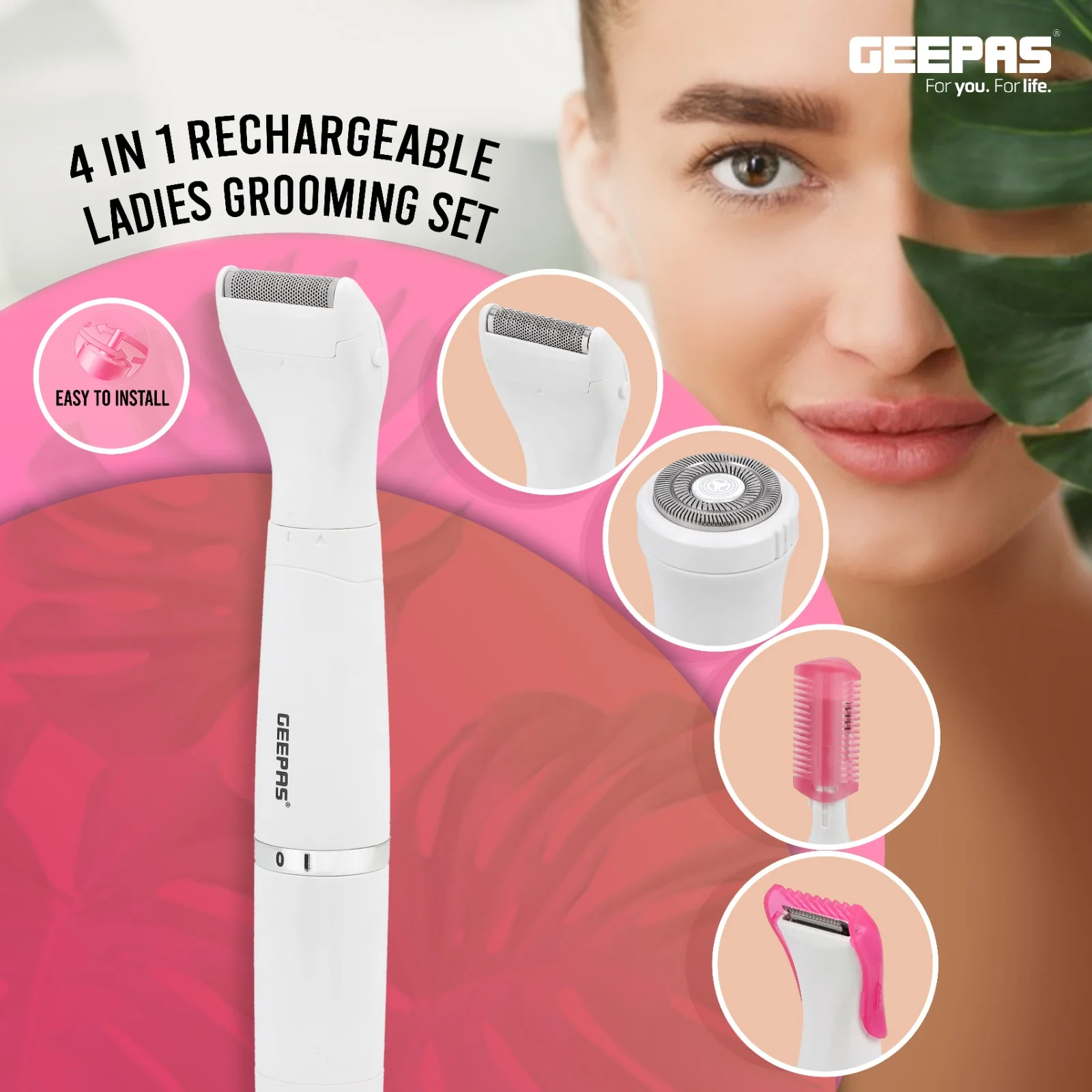 4-In-1 Rechargeable Ladies Grooming Set, GLS86058 | Lip Hair Rotary Shaver, Hair Trimmer, Micro Shaver, Eyebrow Shaping | Stainless Steel Blade | Ni-Mh 600mAhx1 Battery - Image 3