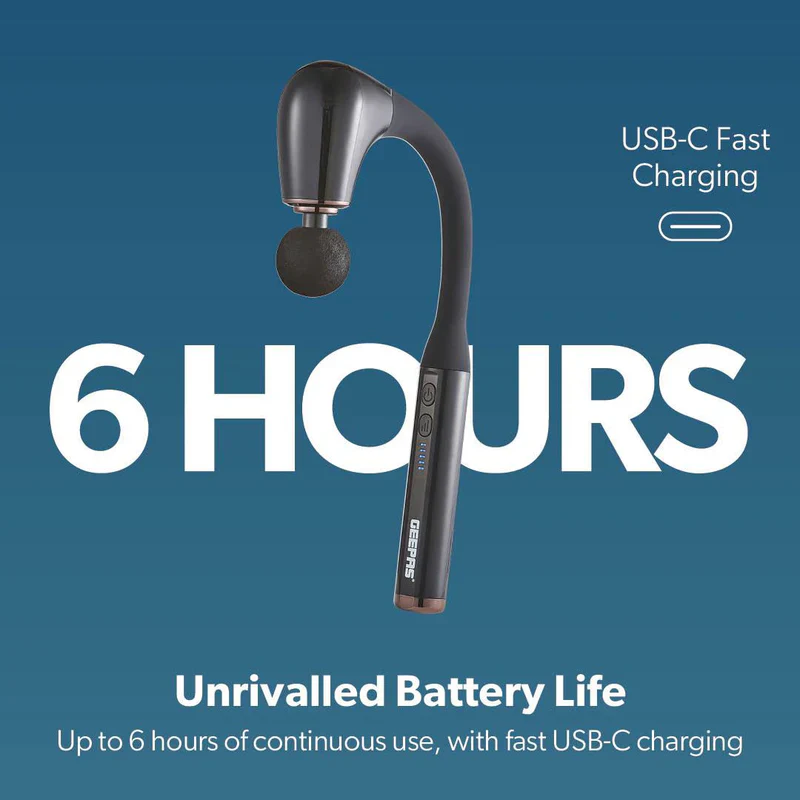 Geepas GM86093UK Curved Long Handle Massage Gun| 5-Speed Brushless Motor Massager with 4 Heads| LED Indicators & 15-Min Timer for Deep Muscle Relaxation| 2 years warranty - Image 8