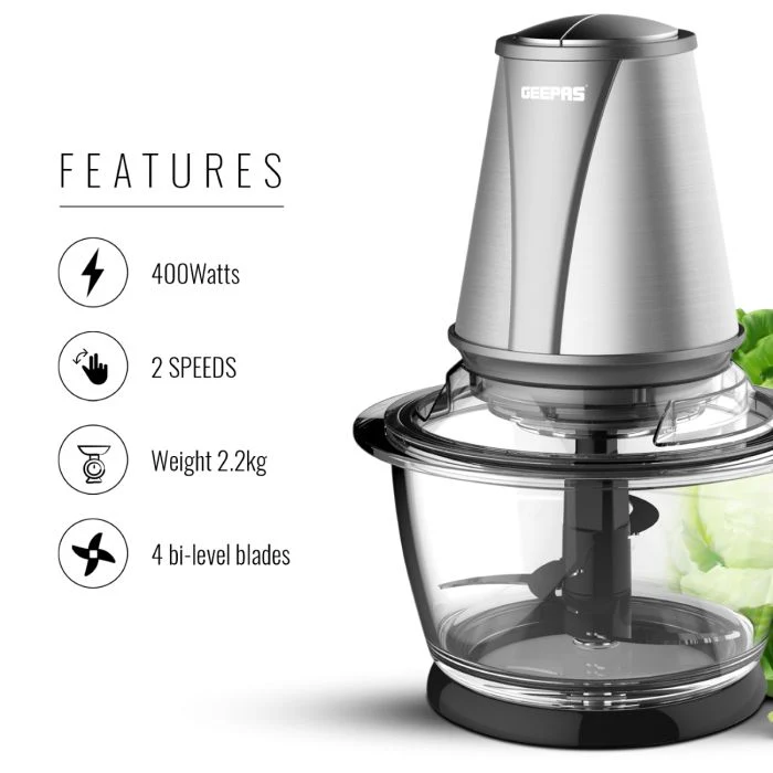 Geepas GMC42014 Multi Chopper | 400W Powerful Motor | 2-Speed Control | 1.2L Durable Glass Bowl | Stainless Steel Blades | Compact Food Processor | 2-Year Warranty - Image 6