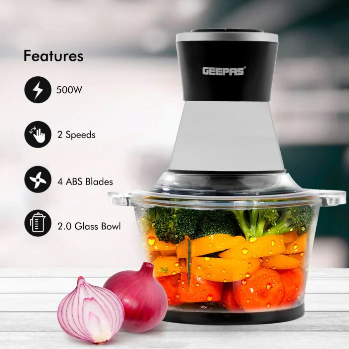 Geepas GMC42021 Multi Chopper | 500W | 2L Large Glass Bowl |Sharp Titanium Blades|  2-Speed Control with Garlic Peeler | Powerful Food Processor | 2-Year Warranty - Image 3