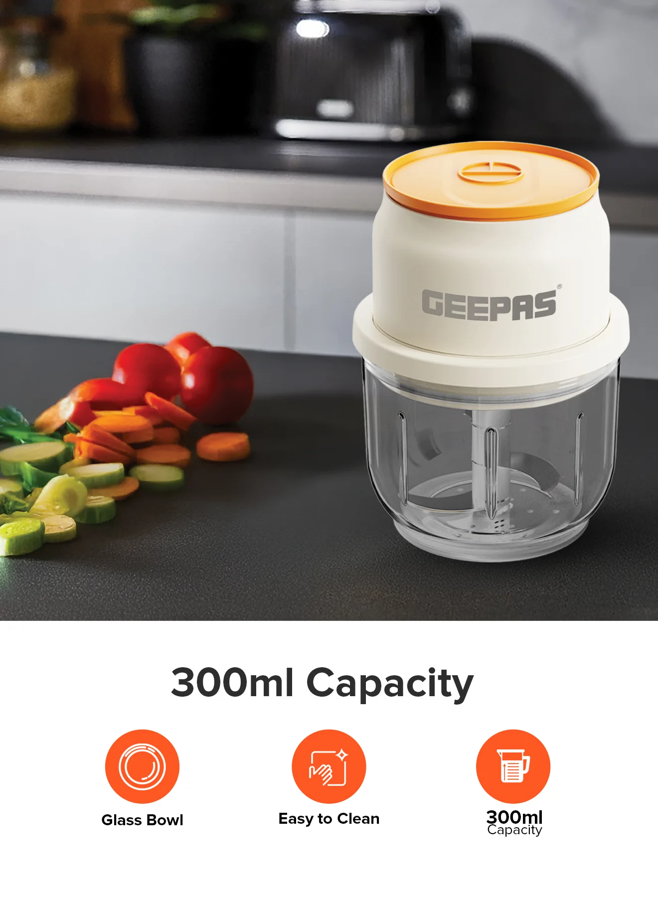 Geepas GMC42022N Rechargeable Mini Chopper | Durable Stainless Steel Blades| Hygienic Glass Bowl| Type-C Fast Charging| Easy One-Press Operation | 2 Years Warranty - Image 3