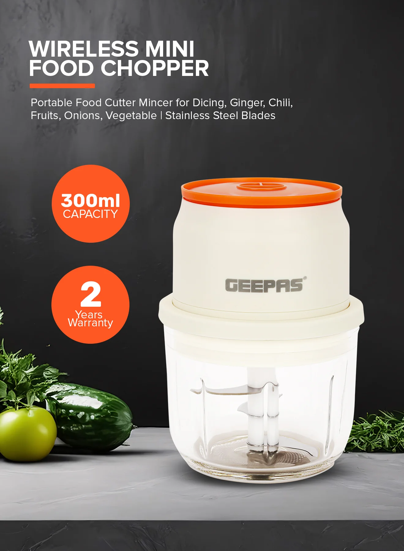 Geepas GMC42022N Rechargeable Mini Chopper | Durable Stainless Steel Blades| Hygienic Glass Bowl| Type-C Fast Charging| Easy One-Press Operation | 2 Years Warranty - Image 5
