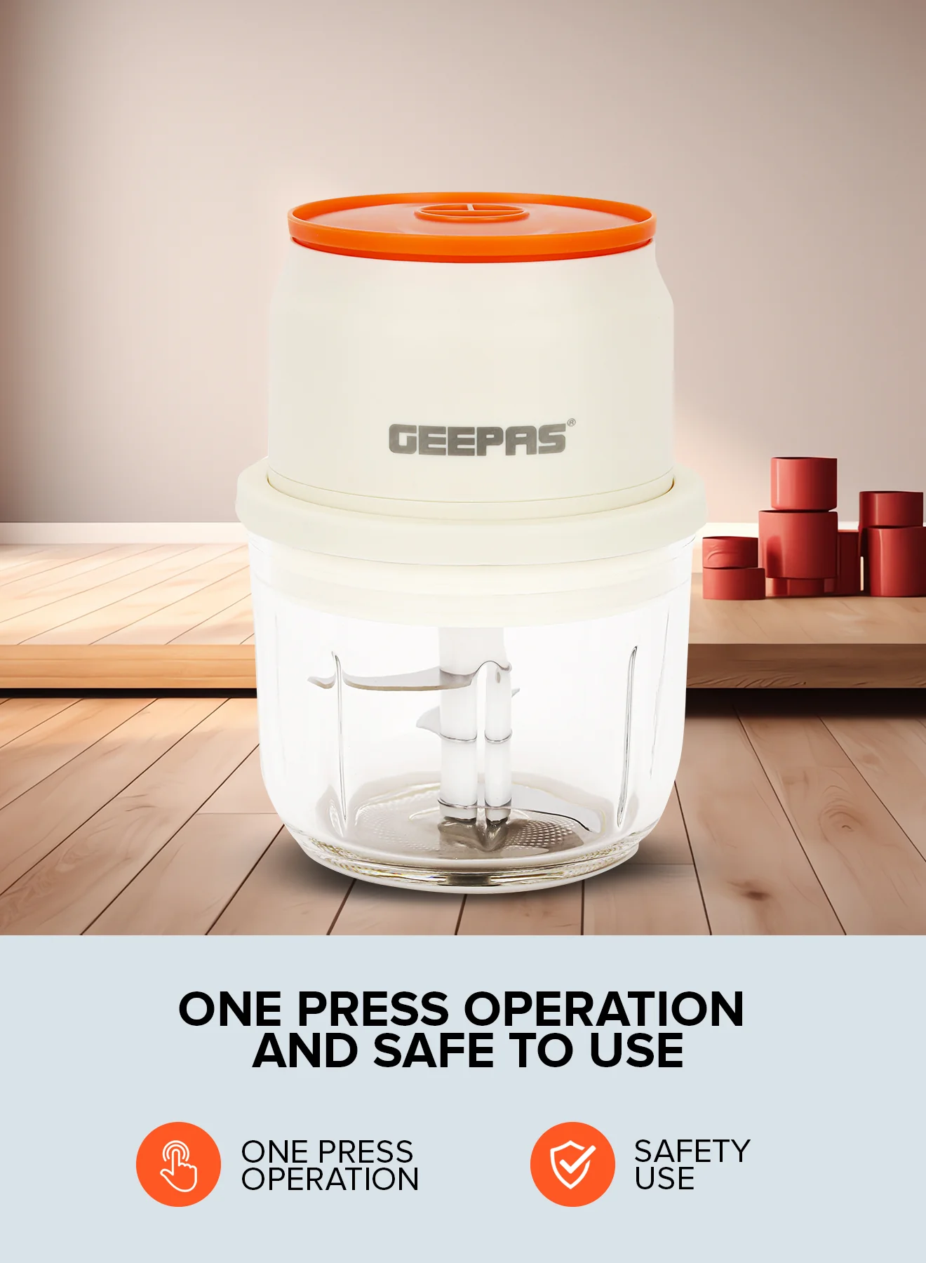 Geepas GMC42022N Rechargeable Mini Chopper | Durable Stainless Steel Blades| Hygienic Glass Bowl| Type-C Fast Charging| Easy One-Press Operation | 2 Years Warranty - Image 7