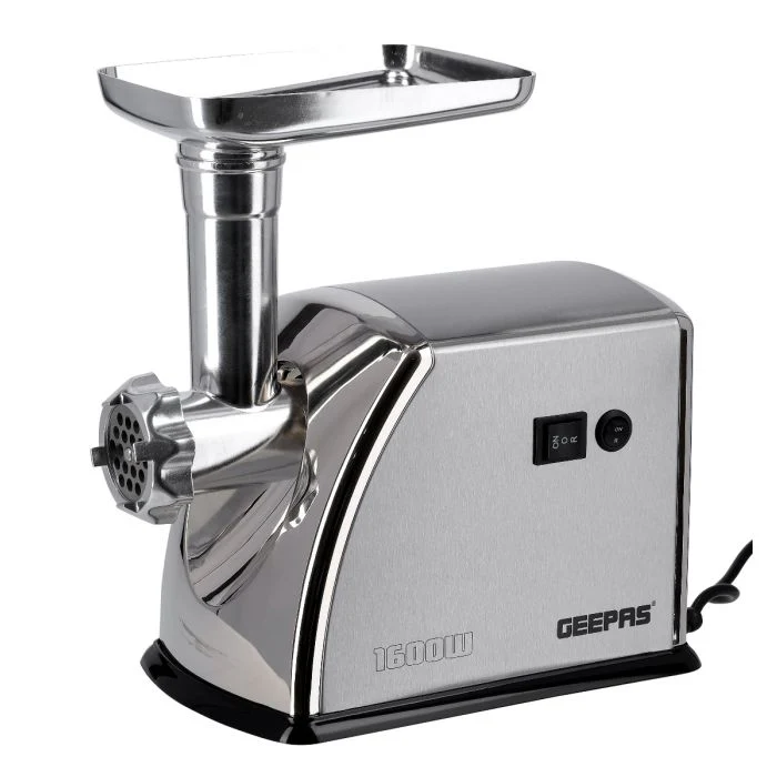 Geepas GMG1909 Stainless Steel Meat Grinder | 1600W Electric Meat Mincer| Powerful Motor| Reverse Function| 3 Cutting Blade| Sausage & Kubbe Accessories| Durable Design