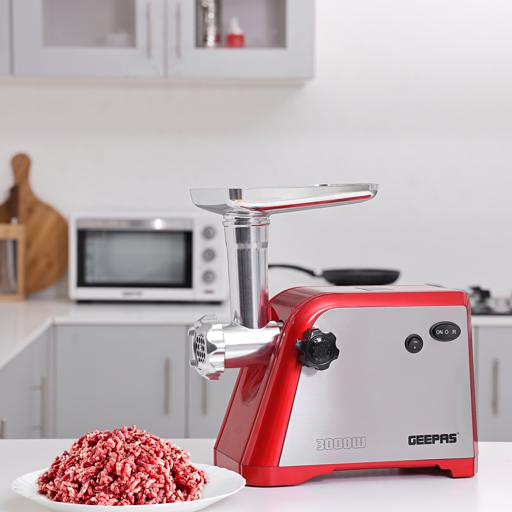 Geepas GMG1910 Stainless Steel Meat Grinder | 1600W | Aluminium Gearbox| Reverse Function| 3 Cutting Plates| Sausage & Kubbe Accessories| Food Pusher| 2 Years Warranty - Image 2