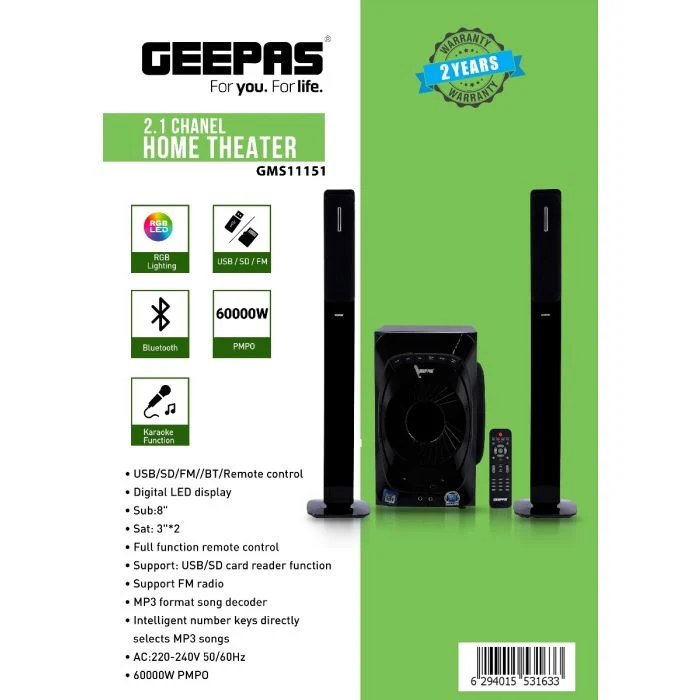 Geepas GMS11151 2.1 Home Theatre - Spkr/Usb/Sd/Fm/Rmt/Bt, Bluetooth, Digital LED Display, Remote Control | Ideal for Movies, Music, FM Radio & More. - Image 5