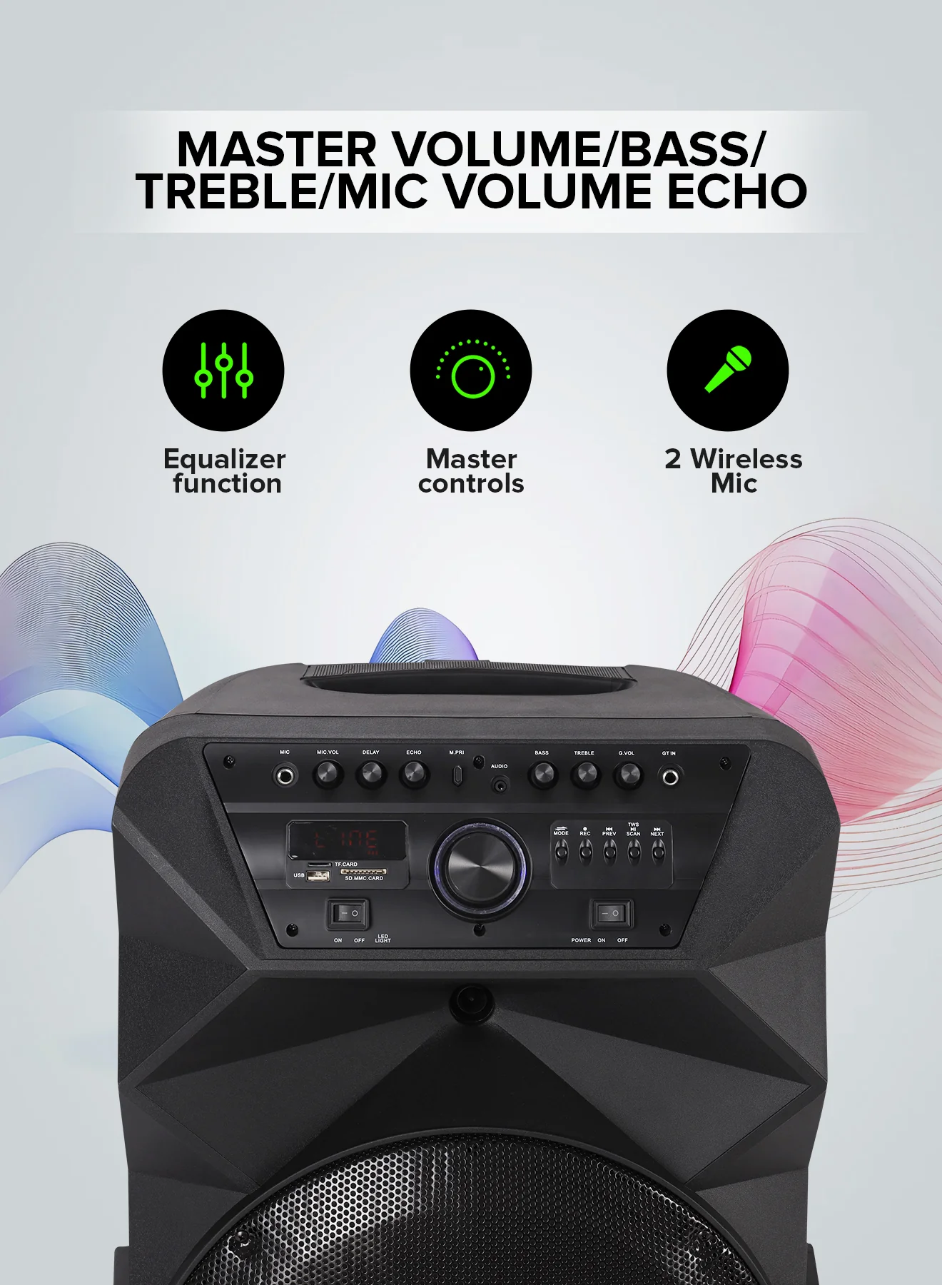 Geepas GMS11154 Rechargeable Professional Speaker | 60000W PMPO | Bluetooth| TWS Connection| FM Radio| LED Display| Dual Wireless Microphones|15” Woofer | 2-Year Warranty - Image 2