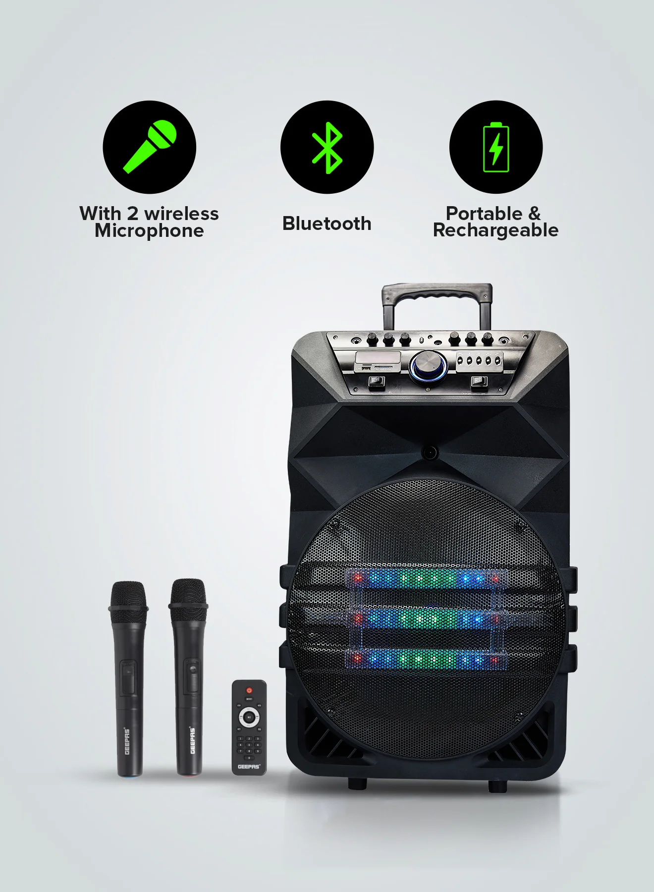 Geepas GMS11154 Rechargeable Professional Speaker | 60000W PMPO | Bluetooth| TWS Connection| FM Radio| LED Display| Dual Wireless Microphones|15” Woofer | 2-Year Warranty - Image 3