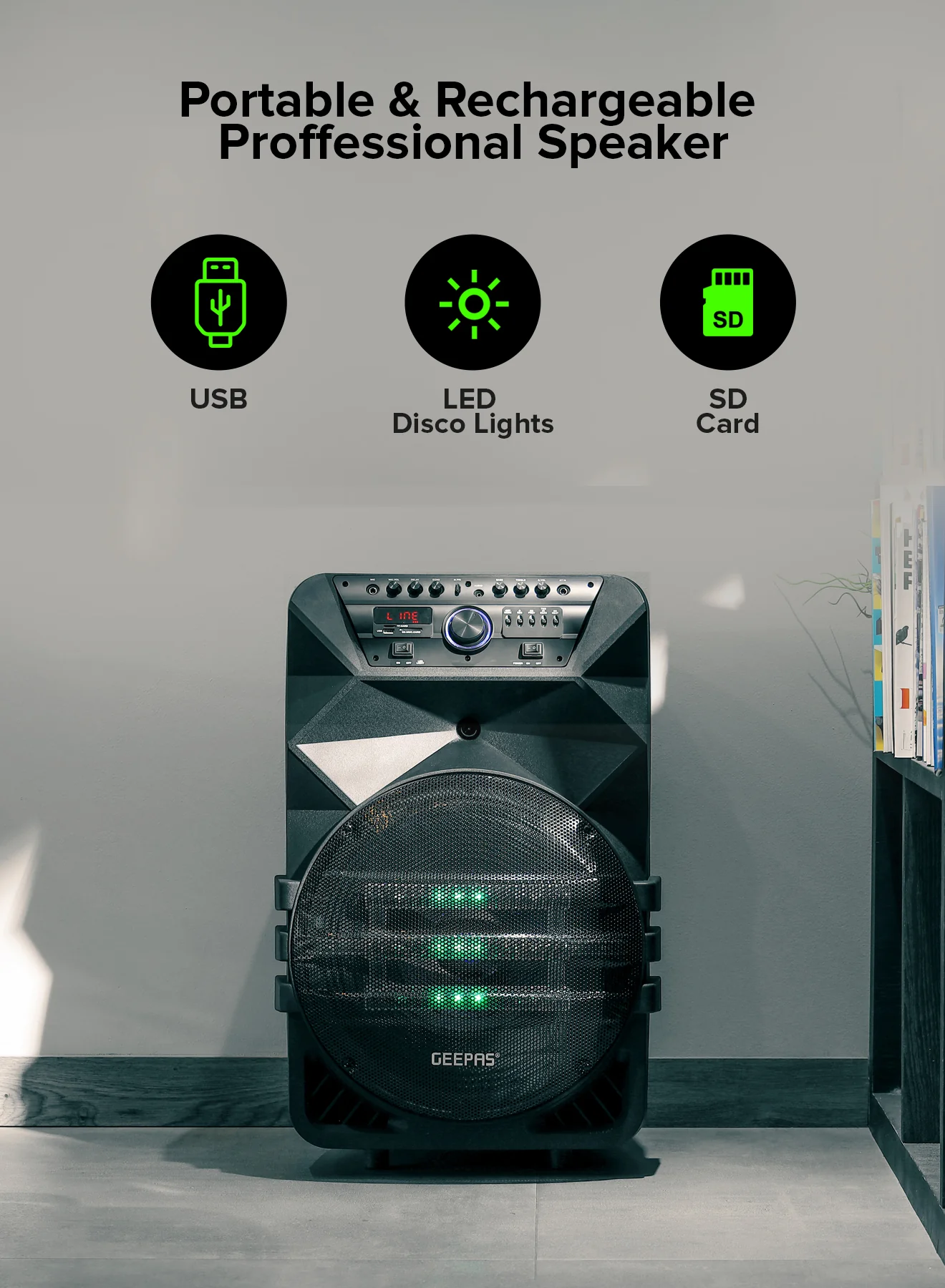 Geepas GMS11154 Rechargeable Professional Speaker | 60000W PMPO | Bluetooth| TWS Connection| FM Radio| LED Display| Dual Wireless Microphones|15” Woofer | 2-Year Warranty - Image 4