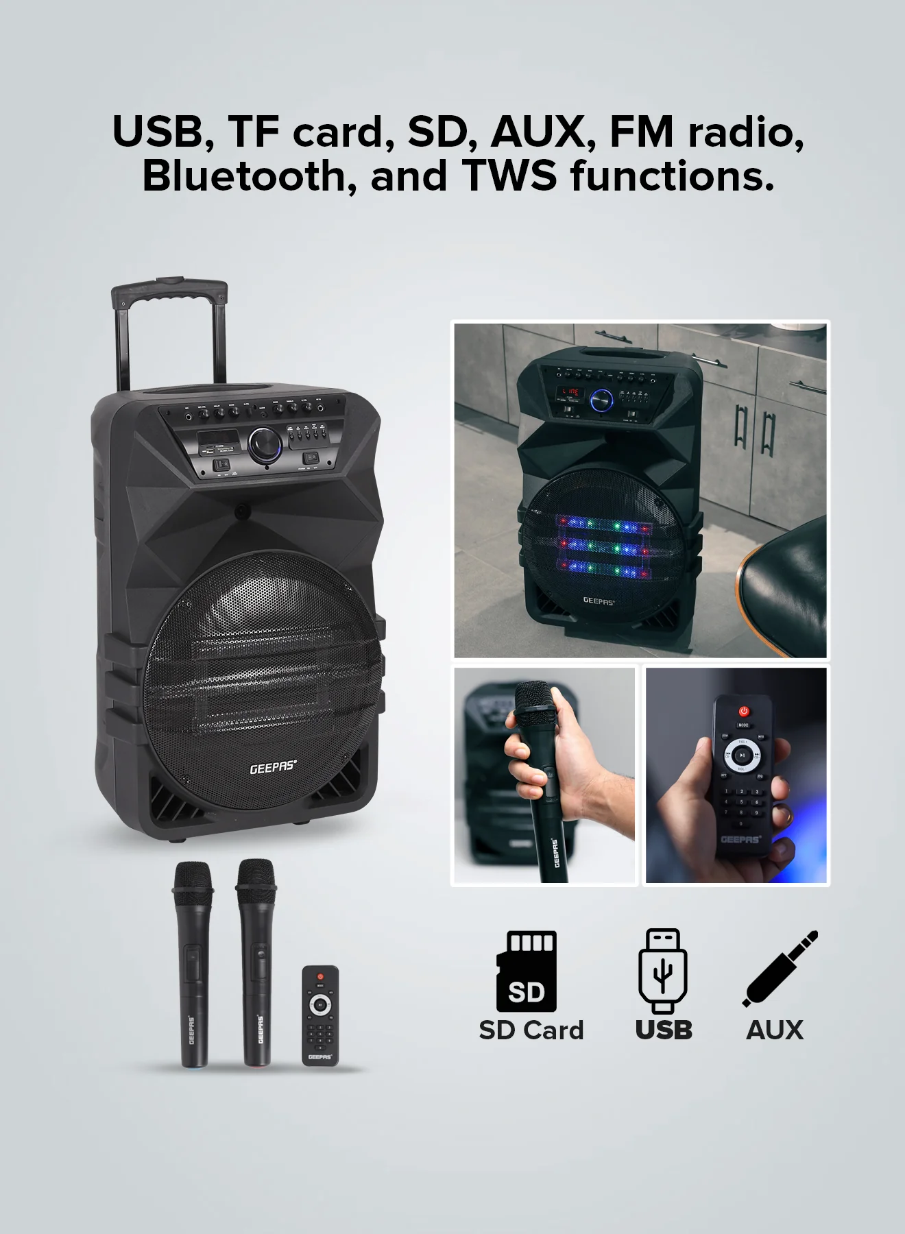 Geepas GMS11154 Rechargeable Professional Speaker | 60000W PMPO | Bluetooth| TWS Connection| FM Radio| LED Display| Dual Wireless Microphones|15” Woofer | 2-Year Warranty - Image 5