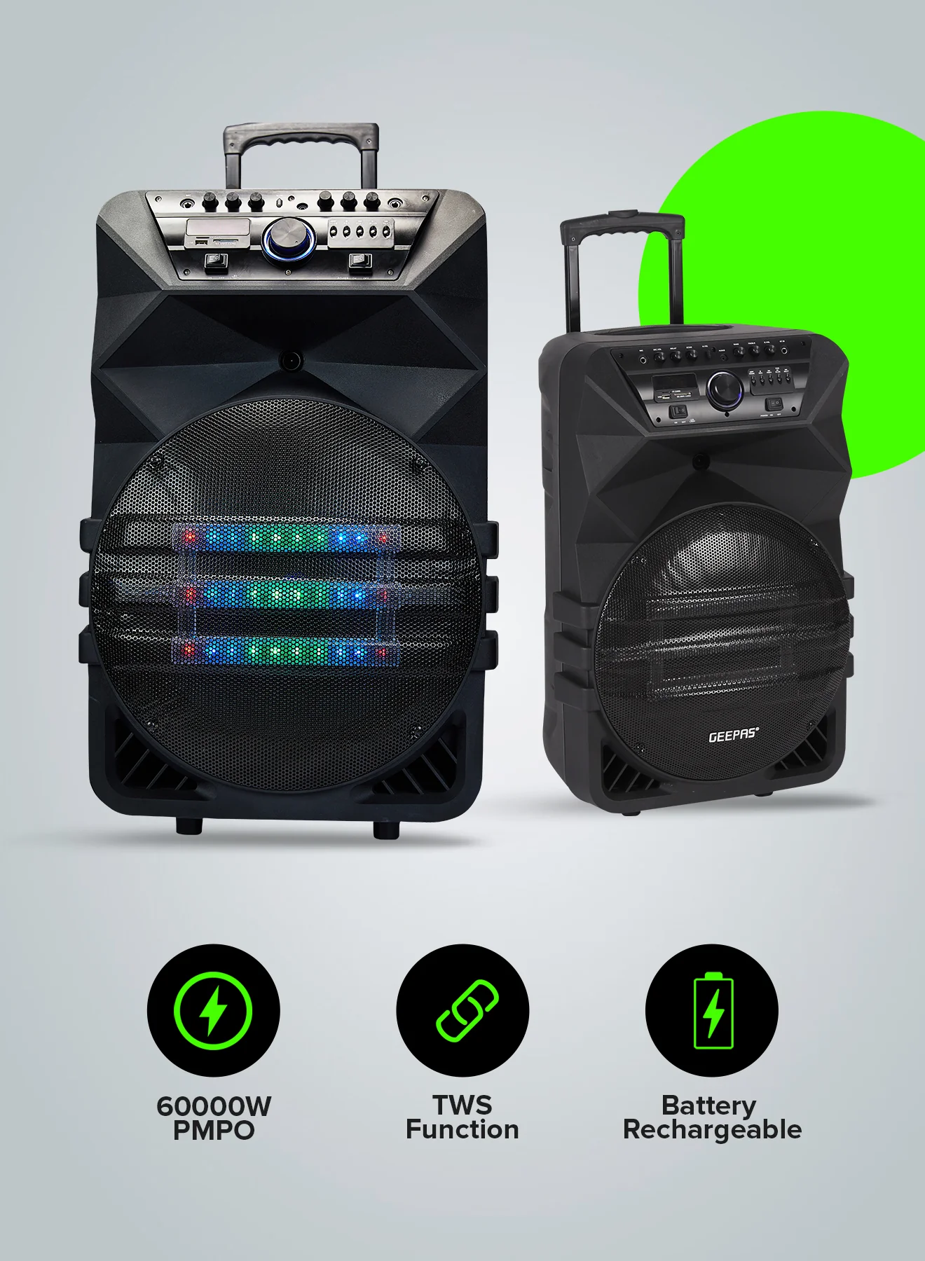 Geepas GMS11154 Rechargeable Professional Speaker | 60000W PMPO | Bluetooth| TWS Connection| FM Radio| LED Display| Dual Wireless Microphones|15” Woofer | 2-Year Warranty - Image 6