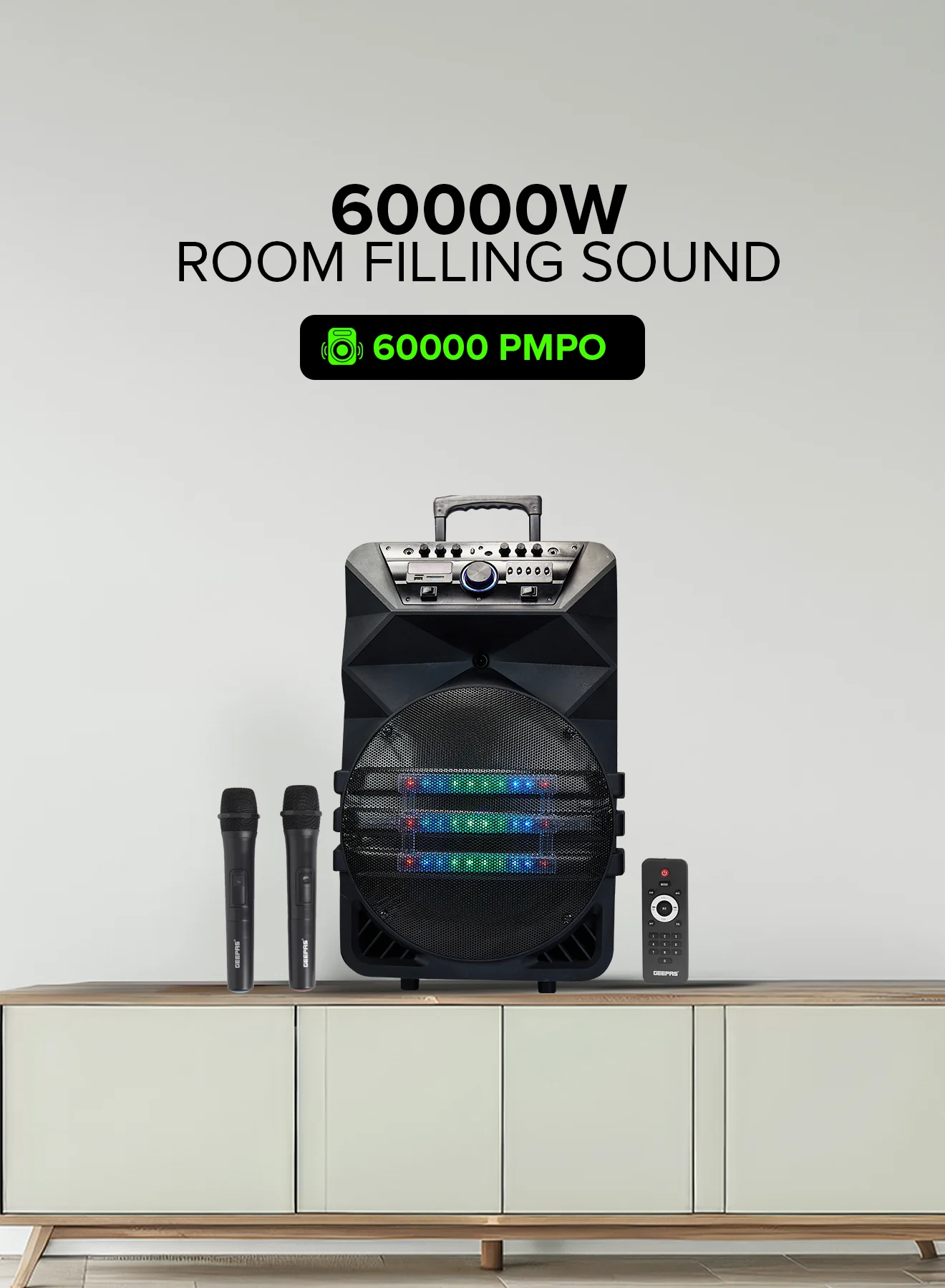Geepas GMS11154 Rechargeable Professional Speaker | 60000W PMPO | Bluetooth| TWS Connection| FM Radio| LED Display| Dual Wireless Microphones|15” Woofer | 2-Year Warranty - Image 7