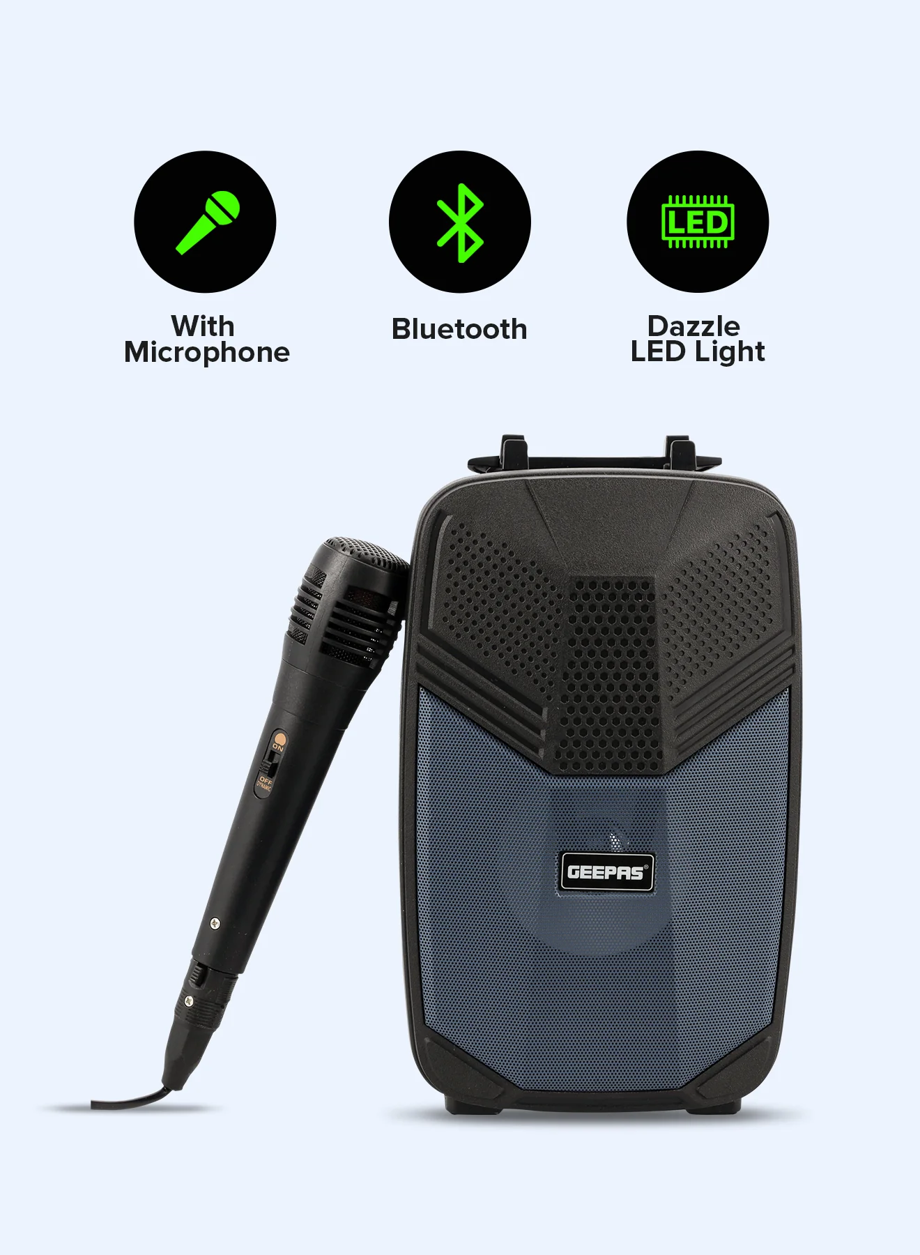 Geepas GMS11156 Portable Bluetooth Speaker | USB/TF/FM/AUX Support | Large Circle Dazzle LED Light | With Microphone| Easy Carry Handle| DC 5V Input | 2-Year Warranty - Image 3