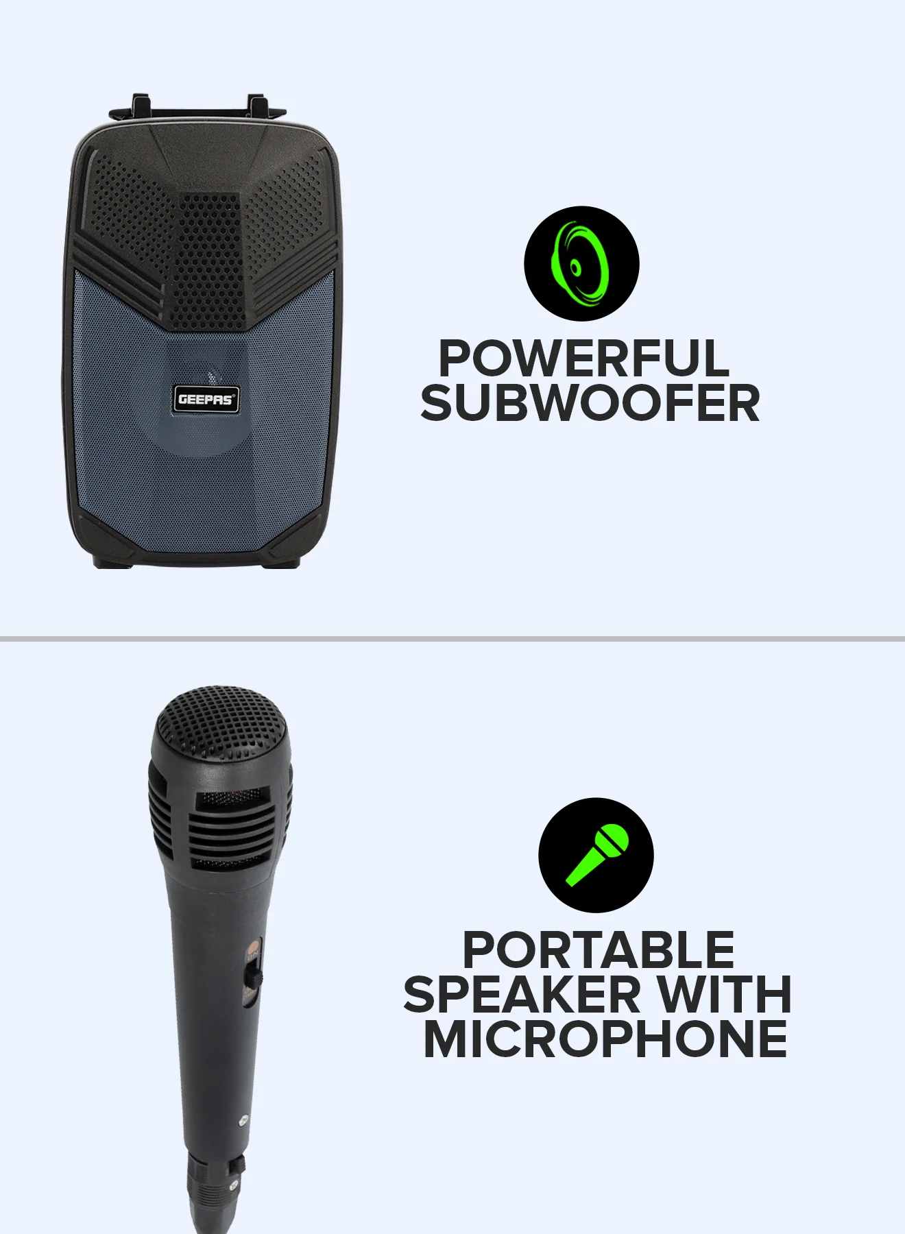 Geepas GMS11156 Portable Bluetooth Speaker | USB/TF/FM/AUX Support | Large Circle Dazzle LED Light | With Microphone| Easy Carry Handle| DC 5V Input | 2-Year Warranty - Image 4