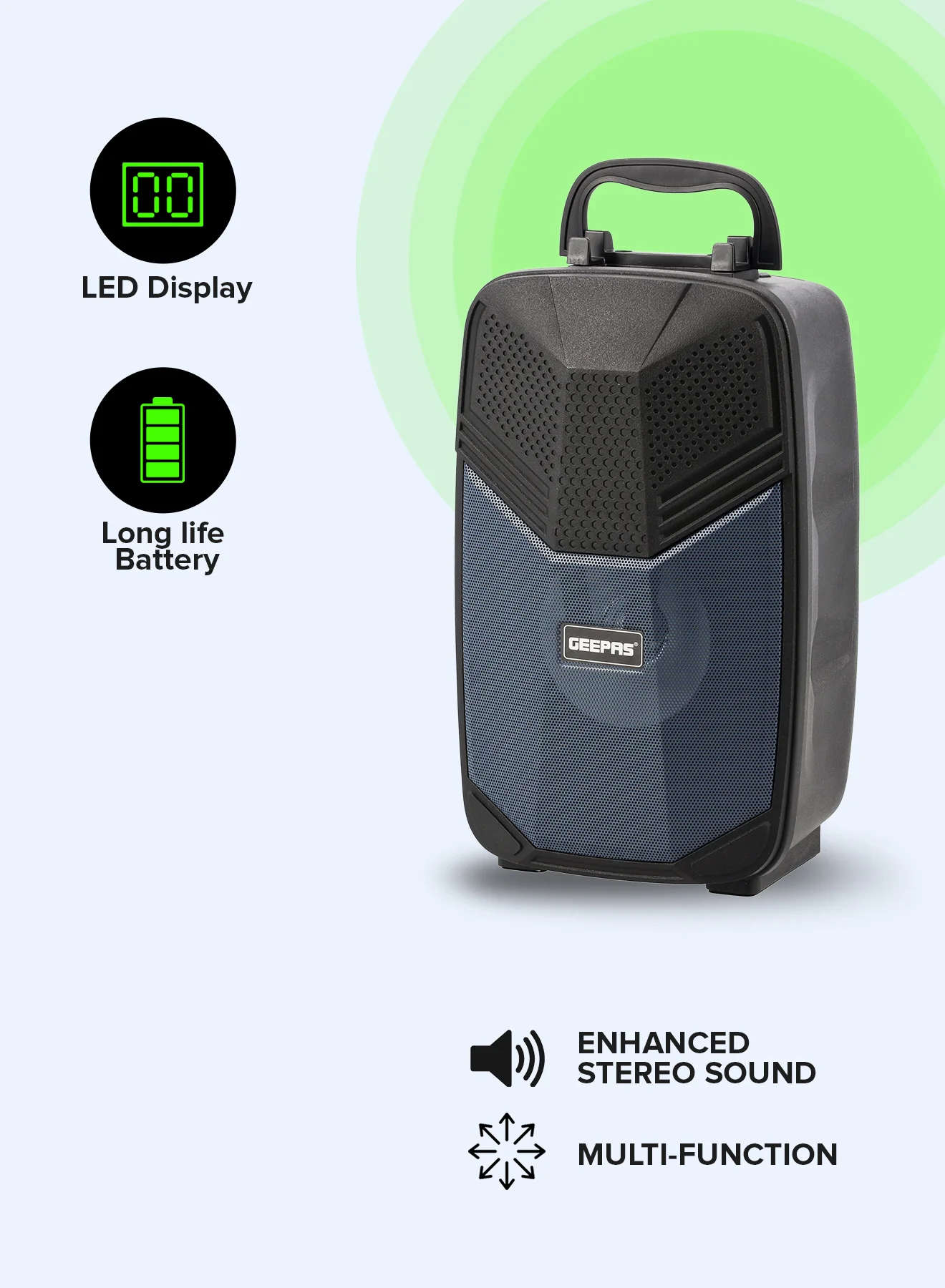 Geepas GMS11156 Portable Bluetooth Speaker | USB/TF/FM/AUX Support | Large Circle Dazzle LED Light | With Microphone| Easy Carry Handle| DC 5V Input | 2-Year Warranty - Image 5