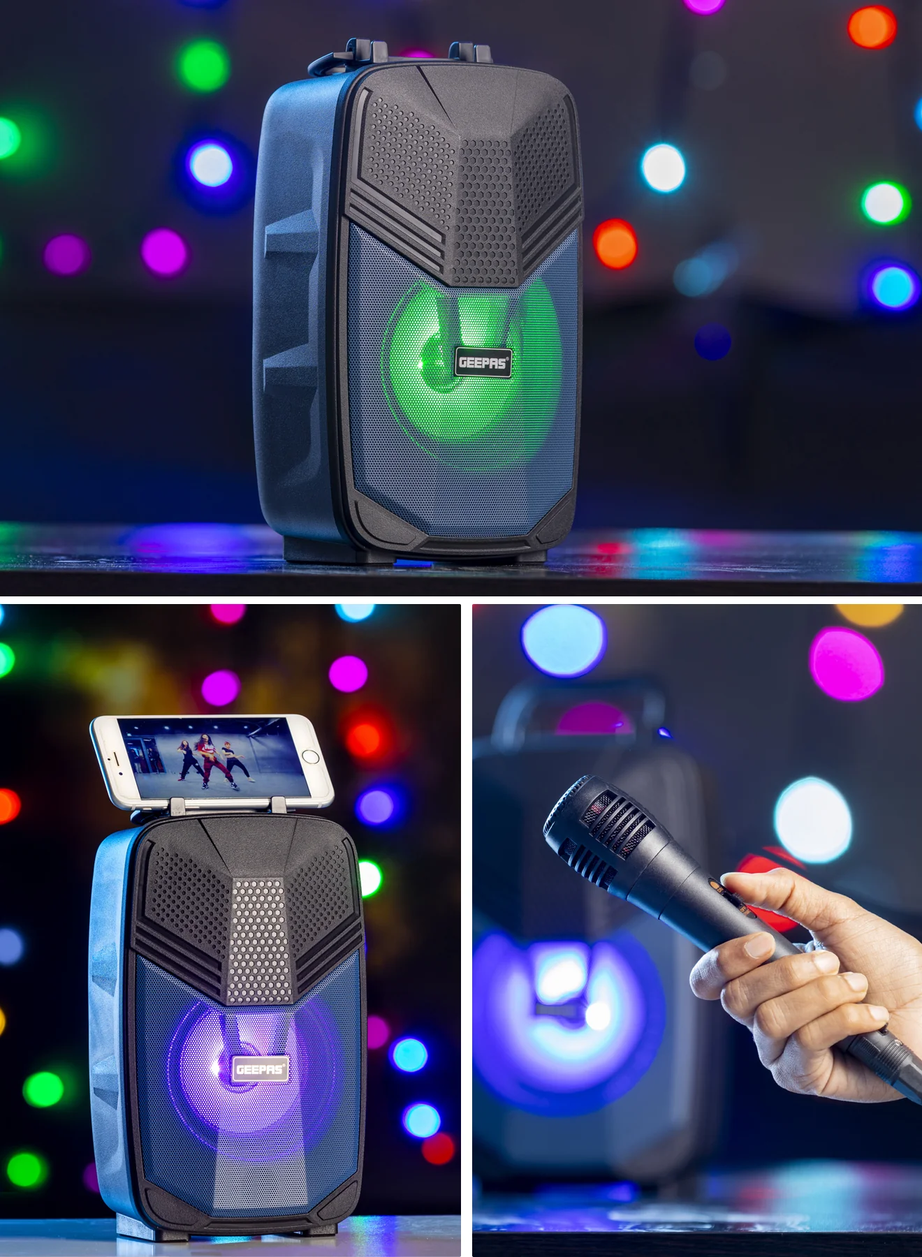 Geepas GMS11156 Portable Bluetooth Speaker | USB/TF/FM/AUX Support | Large Circle Dazzle LED Light | With Microphone| Easy Carry Handle| DC 5V Input | 2-Year Warranty - Image 6