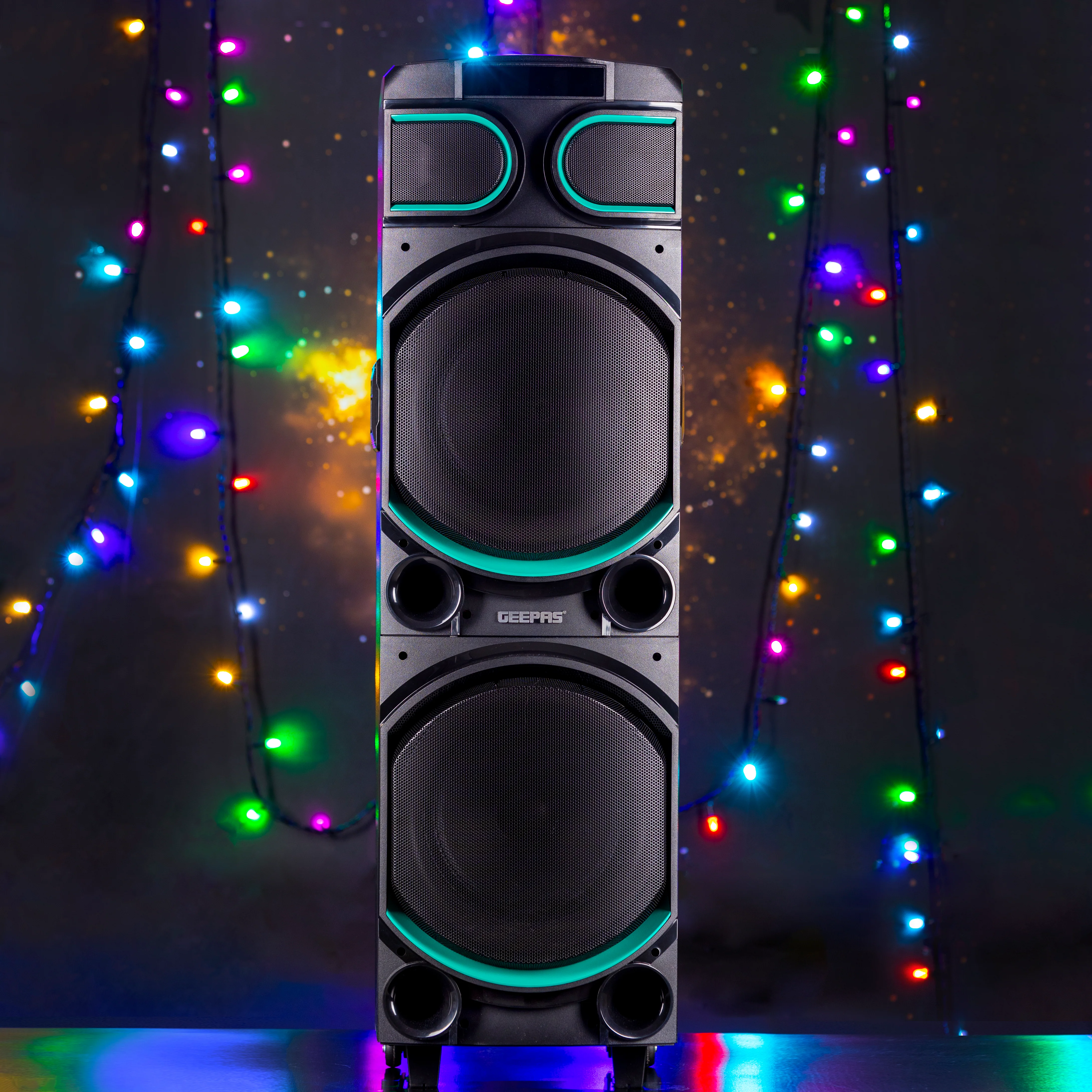 Geepas GMS11170 Rechargeable Professional Speaker | 80000W PMPO| Dual 10” Woofers| Bluetooth| USB/TF, FM, TWS Function, UHF Mic Support| LED Light Modes| 2 Years Warranty - Image 2