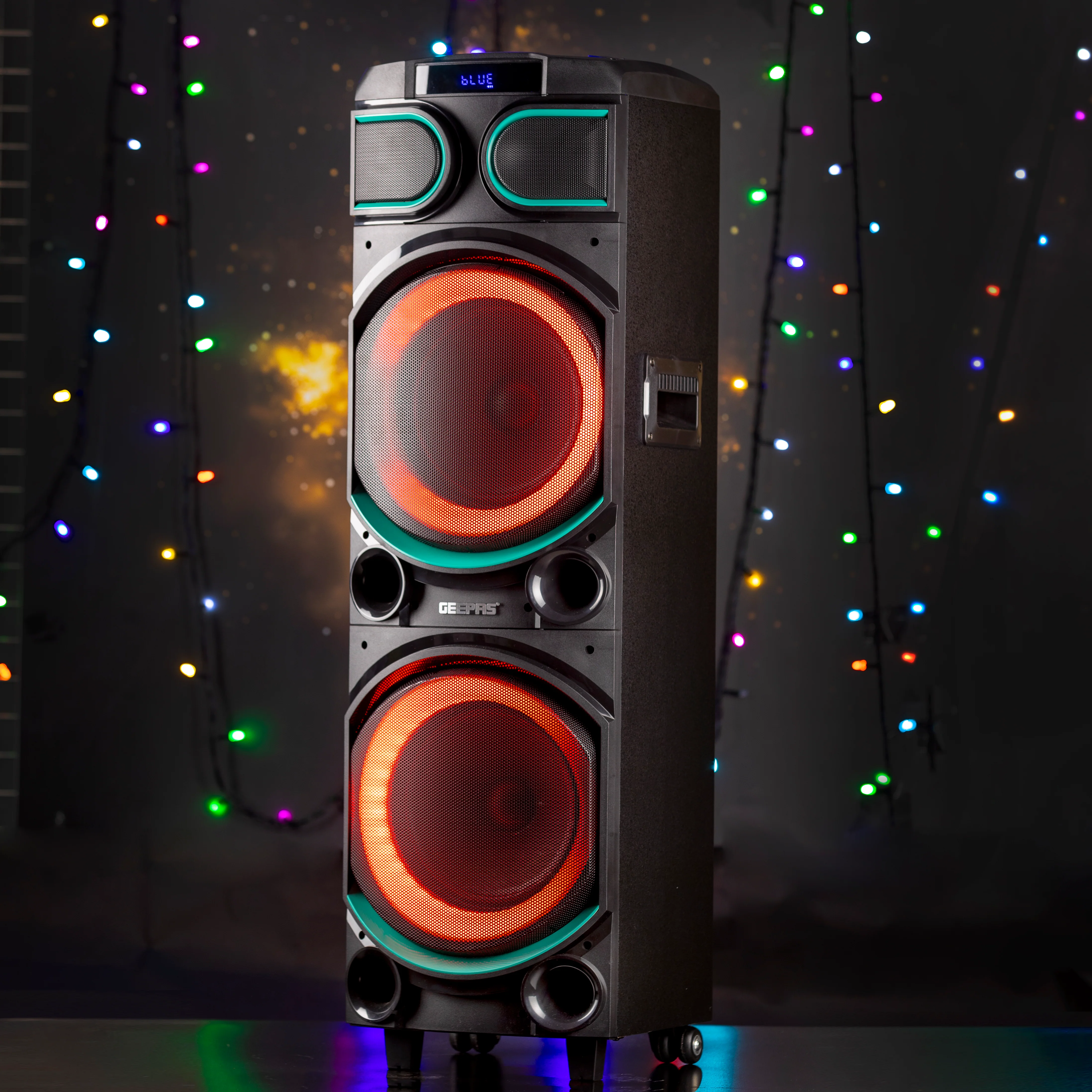 Geepas GMS11170 Rechargeable Professional Speaker | 80000W PMPO| Dual 10” Woofers| Bluetooth| USB/TF, FM, TWS Function, UHF Mic Support| LED Light Modes| 2 Years Warranty - Image 3