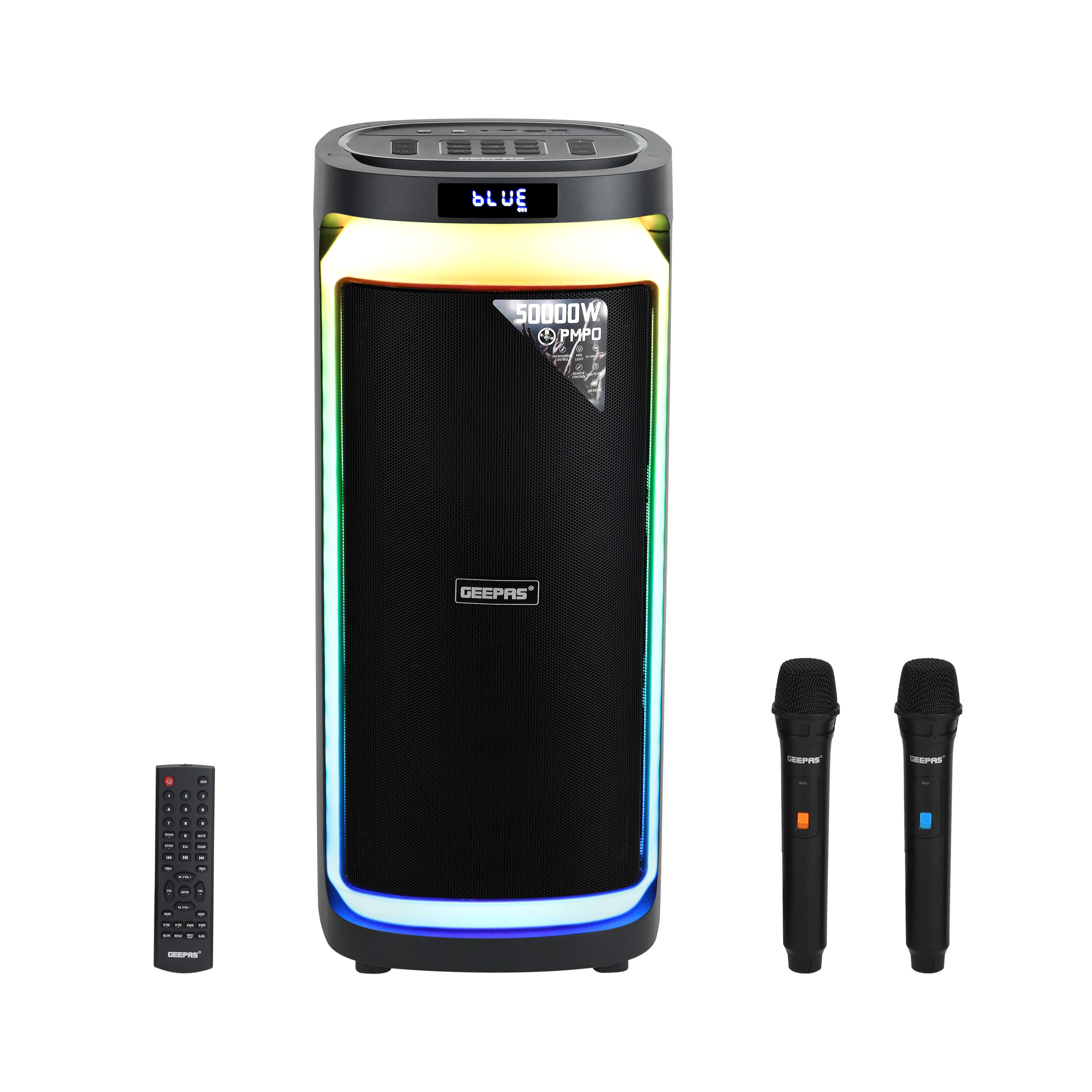 Geepas Rechargeable Professional Speaker- GMS11171/ RGB Light, USB Input, TF, TWS, FM Radio, UHF Microphone, Bluetooth/ 50000W PMPO Speakers Unit, Black, 2 Years Warranty - Image 3