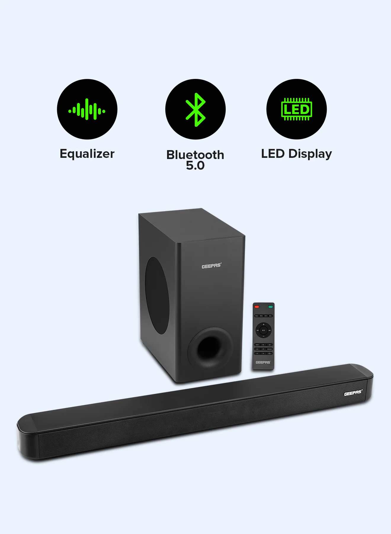 Geepas GMS11173 2.1CH Wireless Sound Bar | 120W Output Power| HDMI ARC| Bluetooth 5.0 + EDR | Optical/Coaxial/USB/AUX Inputs | Wireless 6.5” Subwoofer | 2-Year Warranty - Image 2