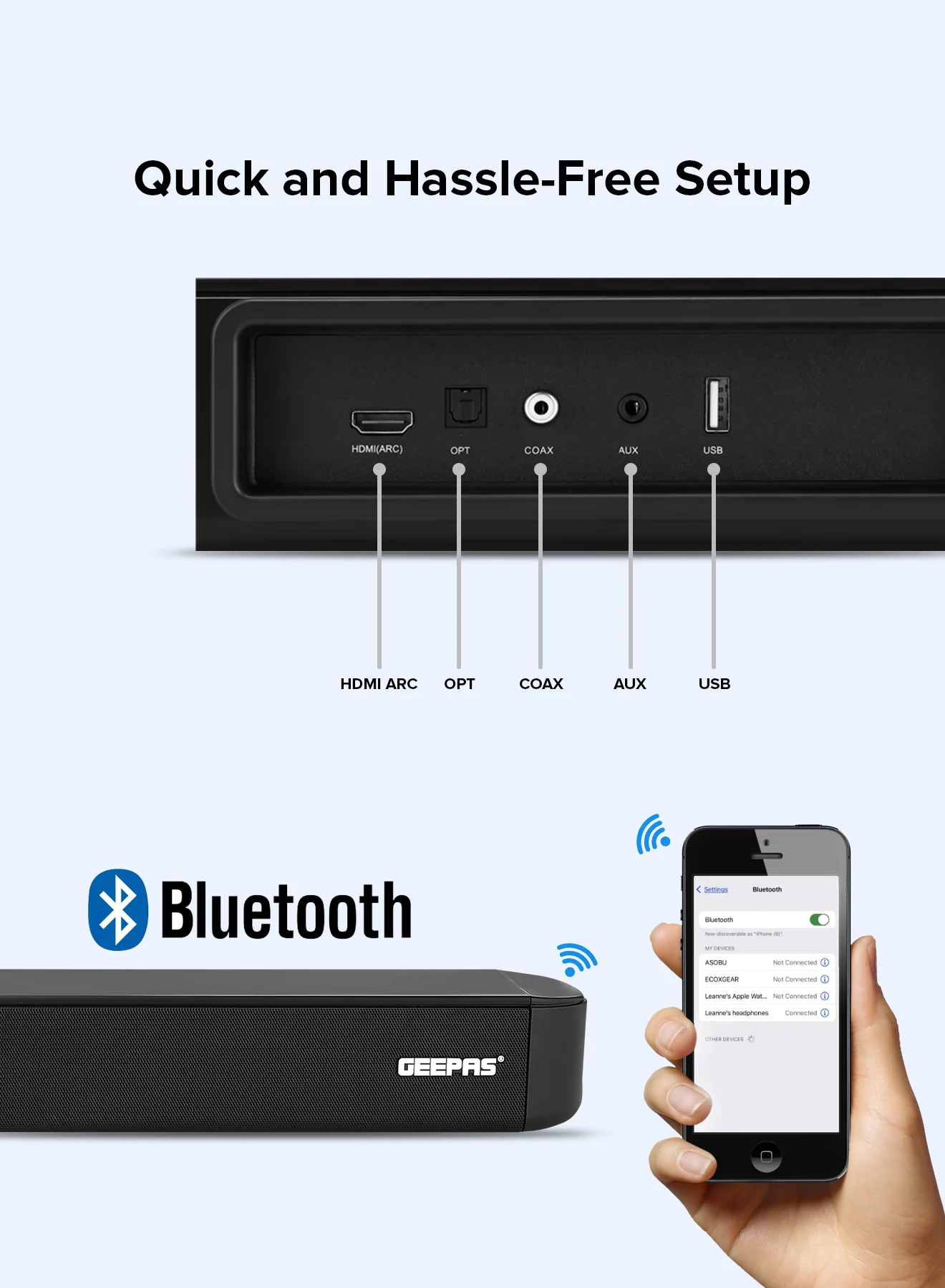 Geepas GMS11173 2.1CH Wireless Sound Bar | 120W Output Power| HDMI ARC| Bluetooth 5.0 + EDR | Optical/Coaxial/USB/AUX Inputs | Wireless 6.5” Subwoofer | 2-Year Warranty - Image 4