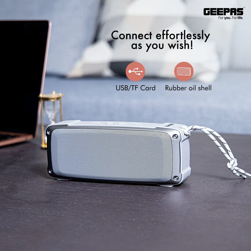 Geepas GMS11182 Rechargeable Bluetooth Speaker | Outdoor Sports Portable Speaker |Rugged Rubber Oil Shell| 1200mAh Battery| TWS, FM, USB/TF Card, AUX| Hands-Free Calling - Image 3