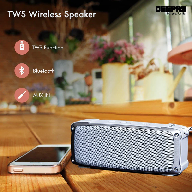 Geepas GMS11182 Rechargeable Bluetooth Speaker | Outdoor Sports Portable Speaker |Rugged Rubber Oil Shell| 1200mAh Battery| TWS, FM, USB/TF Card, AUX| Hands-Free Calling - Image 4
