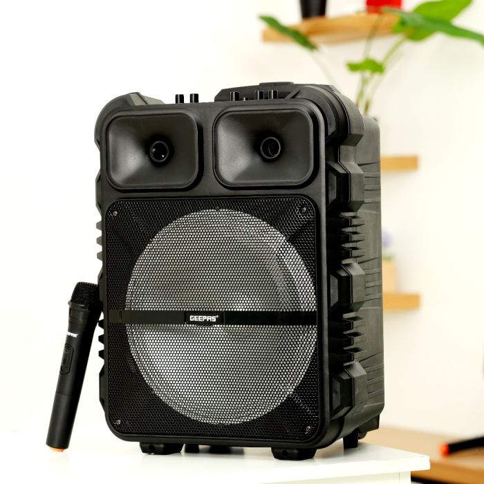Geepas GMS11190 Rechargeable Trolley Speaker | Powerful 12” Woofer|  Wireless Microphone|  Bluetooth|  USB/TF Card|  FM Radio|  35000W PMPO Output|  2 Years Warranty - Image 2