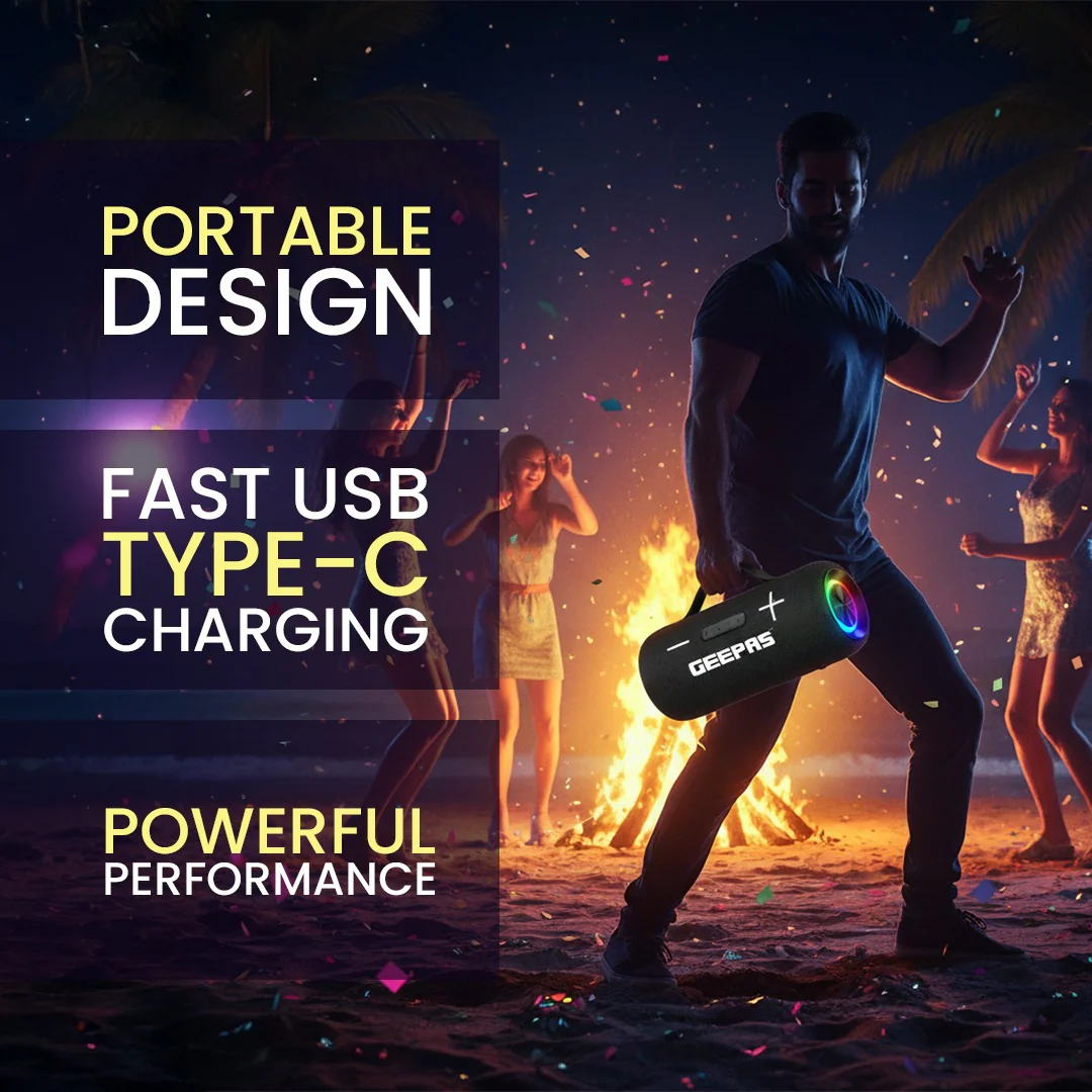 Geepas GMS11201 Water Resistant Bluetooth Speaker | Portable Wireless Design with Long Battery Life, 10m Bluetooth Range, Powerful Sound, Built-in Mic & Easy Connectivity - Image 4