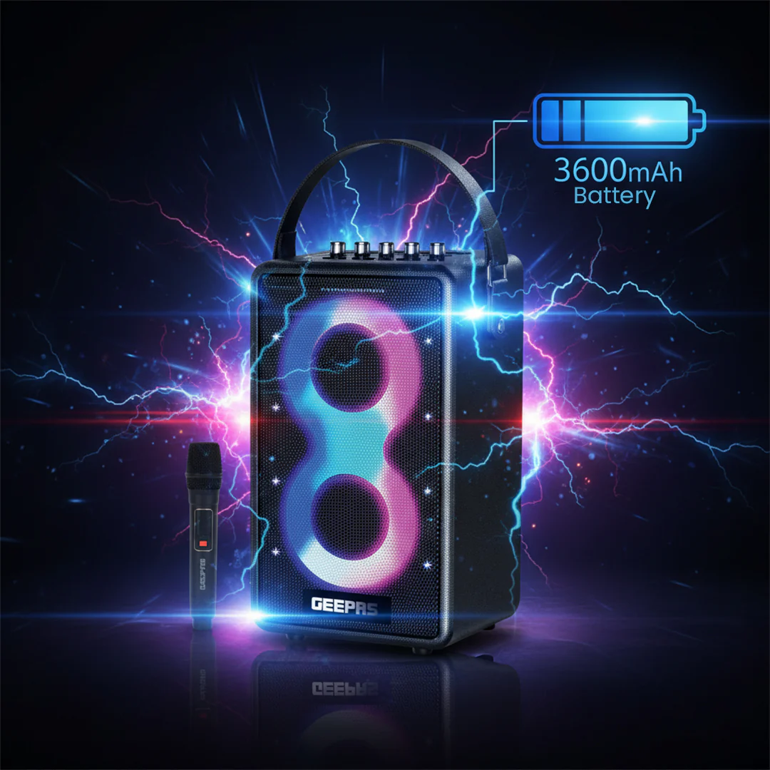 Geepas GMS11202 Bluetooth Speaker with UHF Wireless Microphone | 70W RMS Powerful Sound | 7200mAh Rechargeable Battery | RGB Party Lights | Multi-Connectivity Options - Image 3