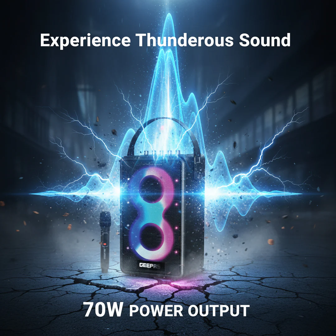 Geepas GMS11202 Bluetooth Speaker with UHF Wireless Microphone | 70W RMS Powerful Sound | 7200mAh Rechargeable Battery | RGB Party Lights | Multi-Connectivity Options - Image 4