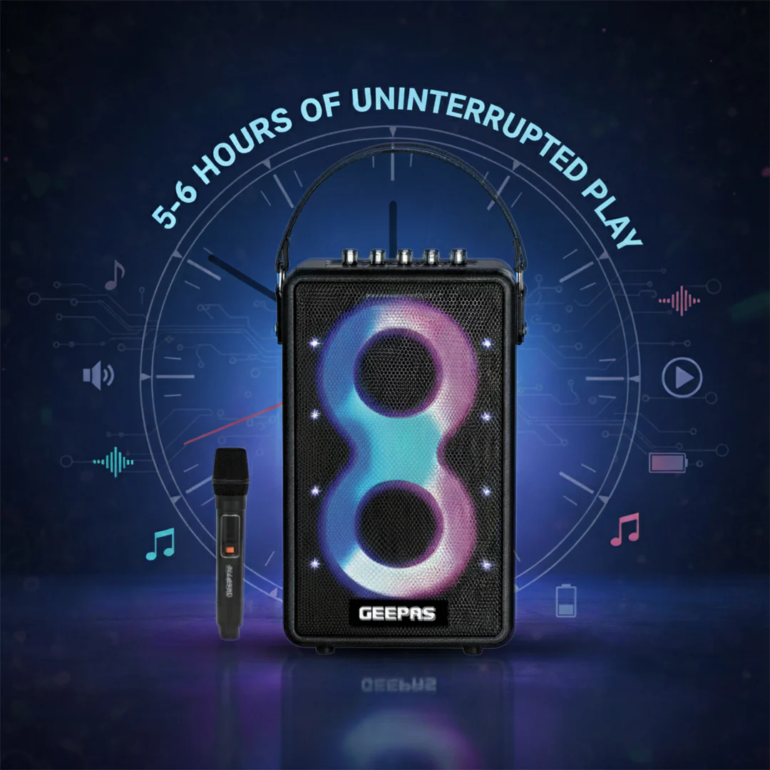 Geepas GMS11202 Bluetooth Speaker with UHF Wireless Microphone | 70W RMS Powerful Sound | 7200mAh Rechargeable Battery | RGB Party Lights | Multi-Connectivity Options - Image 5