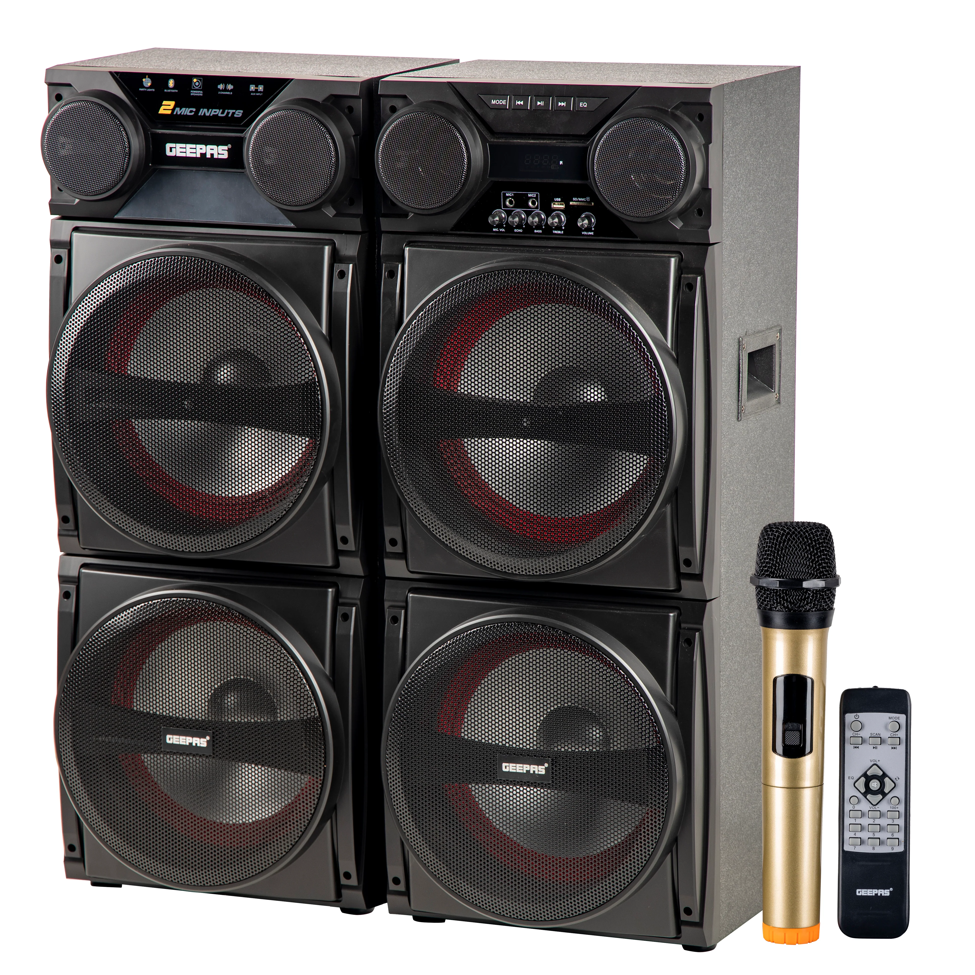 Geepas GMS8517 Hi-Fi Speaker System |80000W PMPO| Bluetooth, USB, SD, FM & AUX Connectivity |UHF Wireless Microphone| RGB Woofer Lights|Dual 12” Woofers | 2-Year Warranty