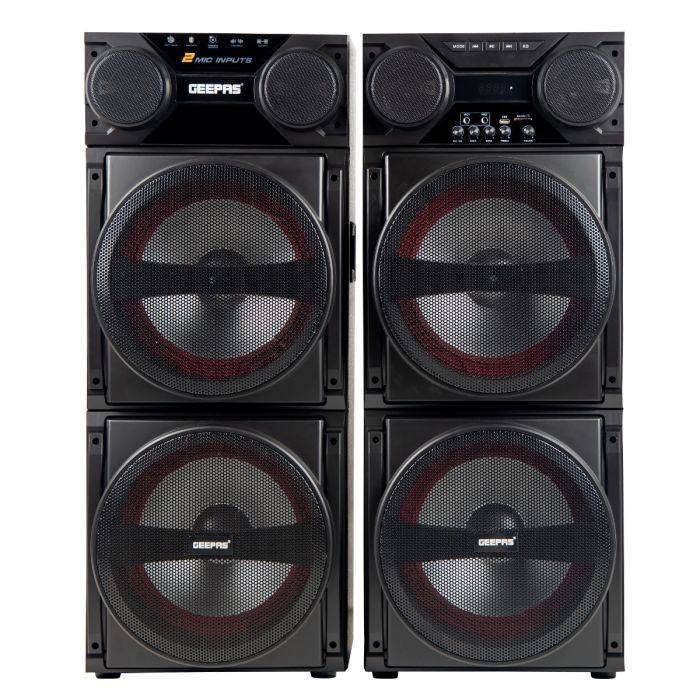 Geepas GMS8517 Hi-Fi Speaker System |80000W PMPO| Bluetooth, USB, SD, FM & AUX Connectivity |UHF Wireless Microphone| RGB Woofer Lights|Dual 12” Woofers | 2-Year Warranty - Image 2
