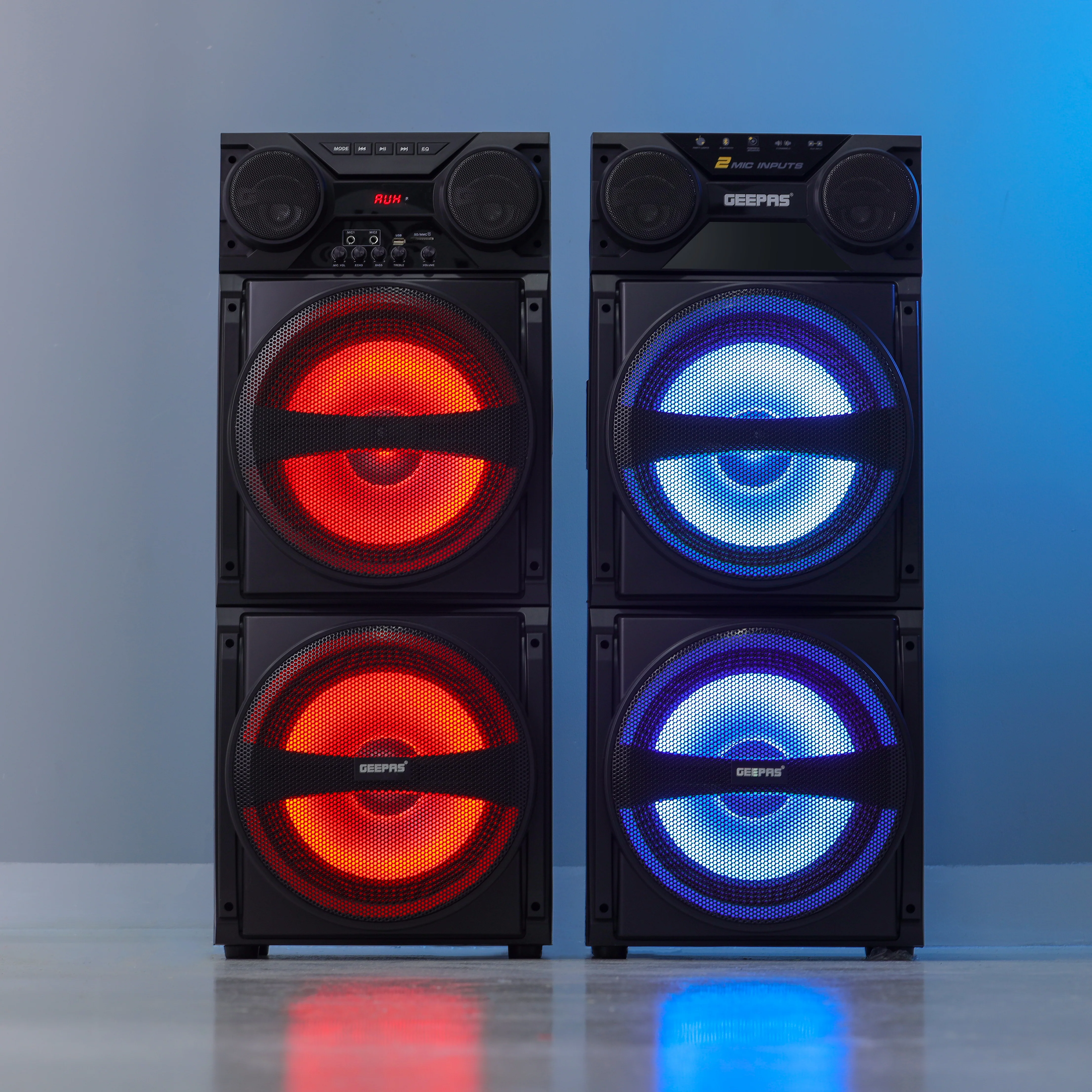 Geepas GMS8517 Hi-Fi Speaker System |80000W PMPO| Bluetooth, USB, SD, FM & AUX Connectivity |UHF Wireless Microphone| RGB Woofer Lights|Dual 12” Woofers | 2-Year Warranty - Image 3