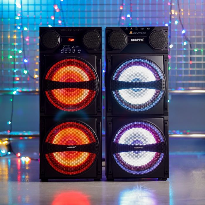 Geepas GMS8517 Hi-Fi Speaker System |80000W PMPO| Bluetooth, USB, SD, FM & AUX Connectivity |UHF Wireless Microphone| RGB Woofer Lights|Dual 12” Woofers | 2-Year Warranty - Image 4