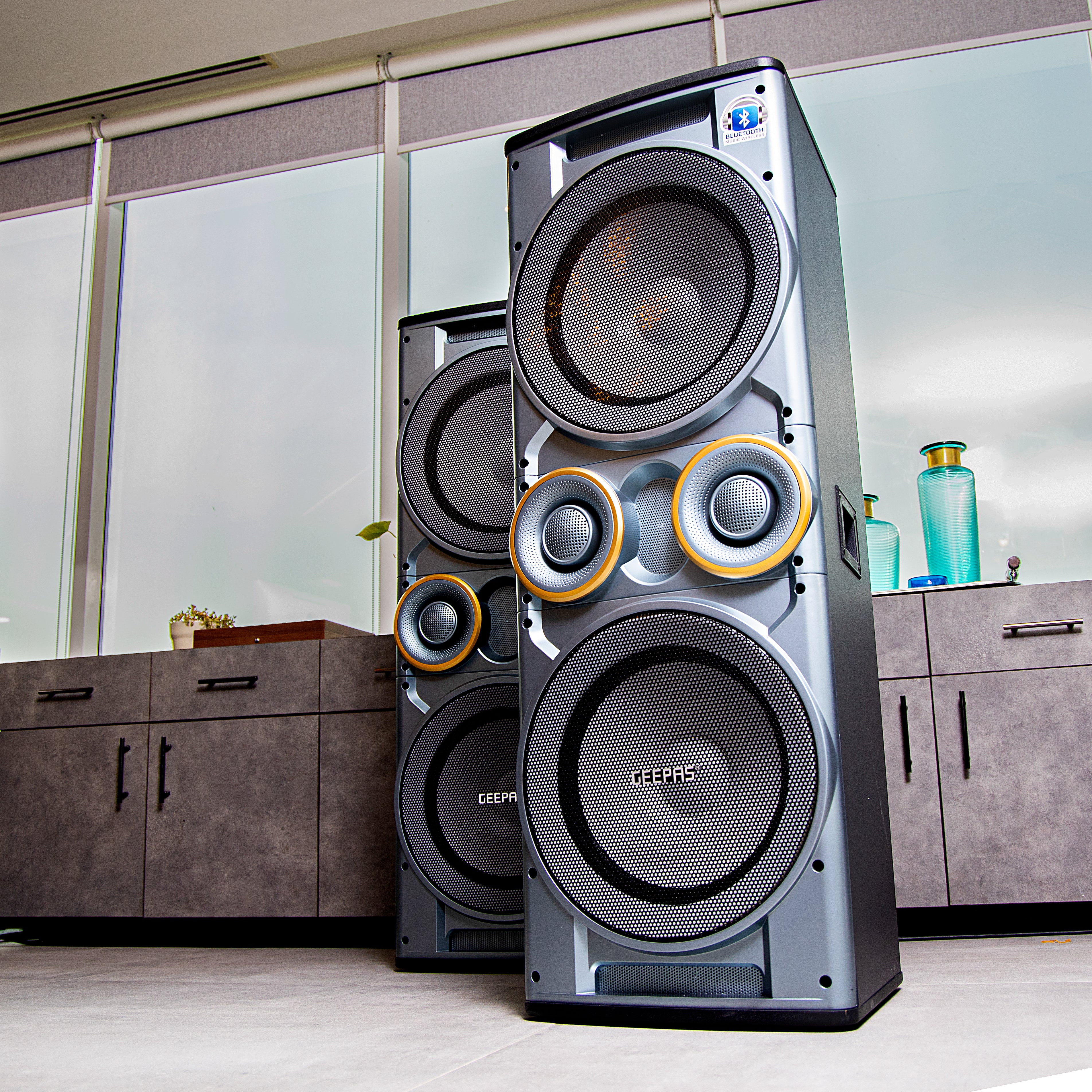 Geepas GMS8518 2.0Ch Professional Speaker | Dual 12” Woofer| Bluetooth| FM Radio| USB/SD Input| Wireless Mic| Remote| LED Lights| 6-Band EQ| 80000W PMPO Sound System - Image 3