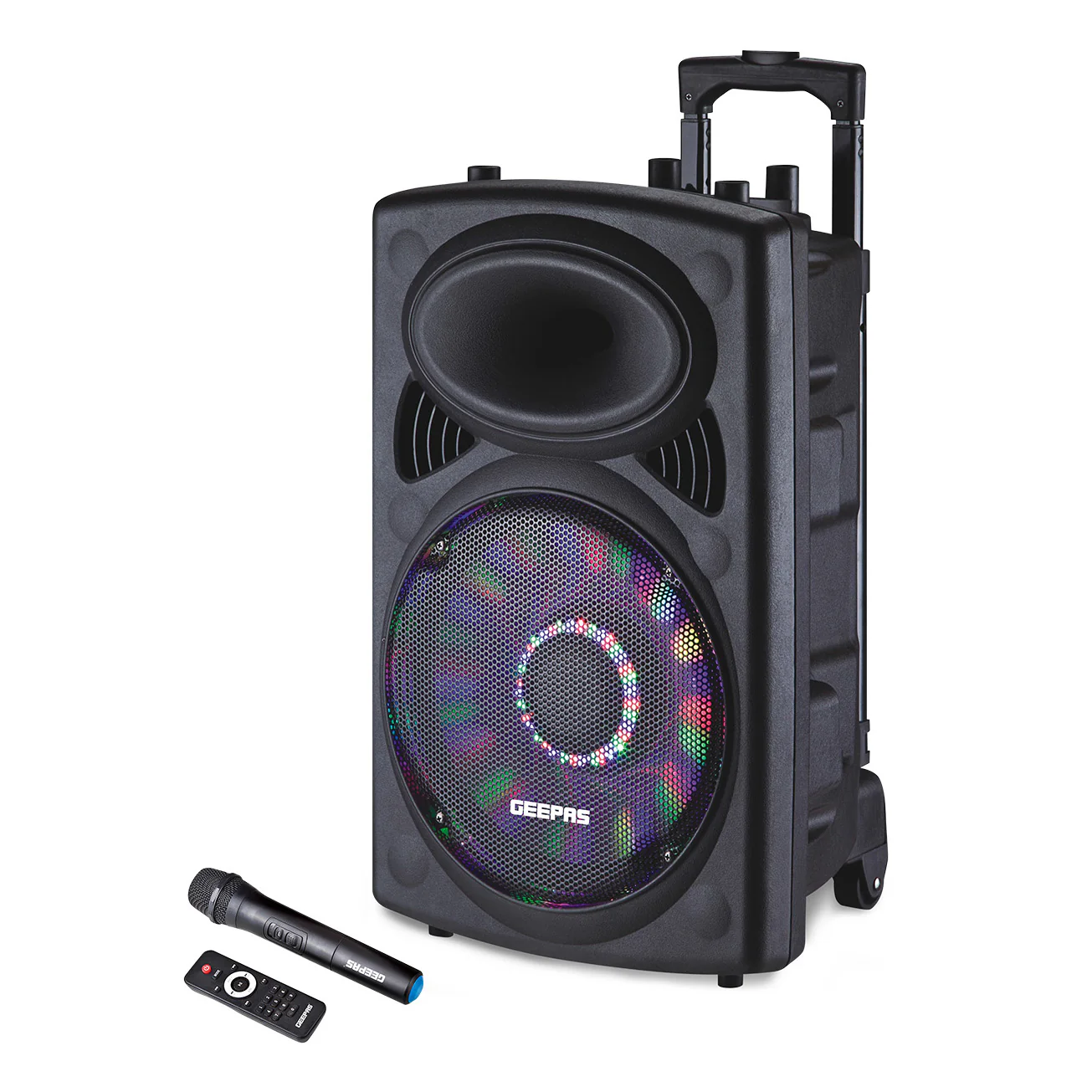 Geepas GMS8519 Rechargeable Trolley Speaker |40000W PMPO Powerful Sound| 12” Woofer| Bluetooth| USB/SD/FM| Wireless Mic| Disco LED Light |Remote Control| 2 Years Warranty