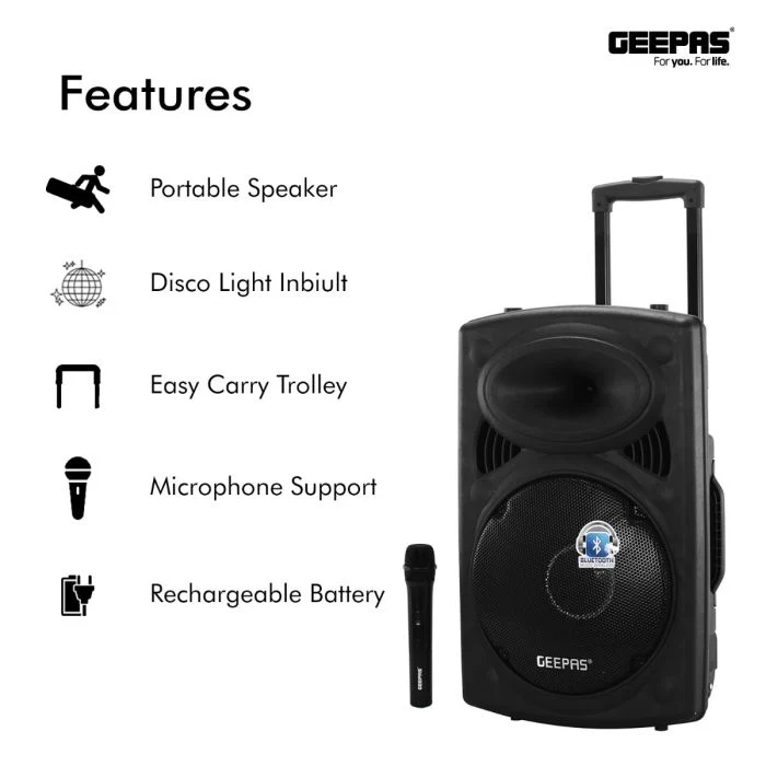 Geepas GMS8519 Rechargeable Trolley Speaker |40000W PMPO Powerful Sound| 12” Woofer| Bluetooth| USB/SD/FM| Wireless Mic| Disco LED Light |Remote Control| 2 Years Warranty - Image 5