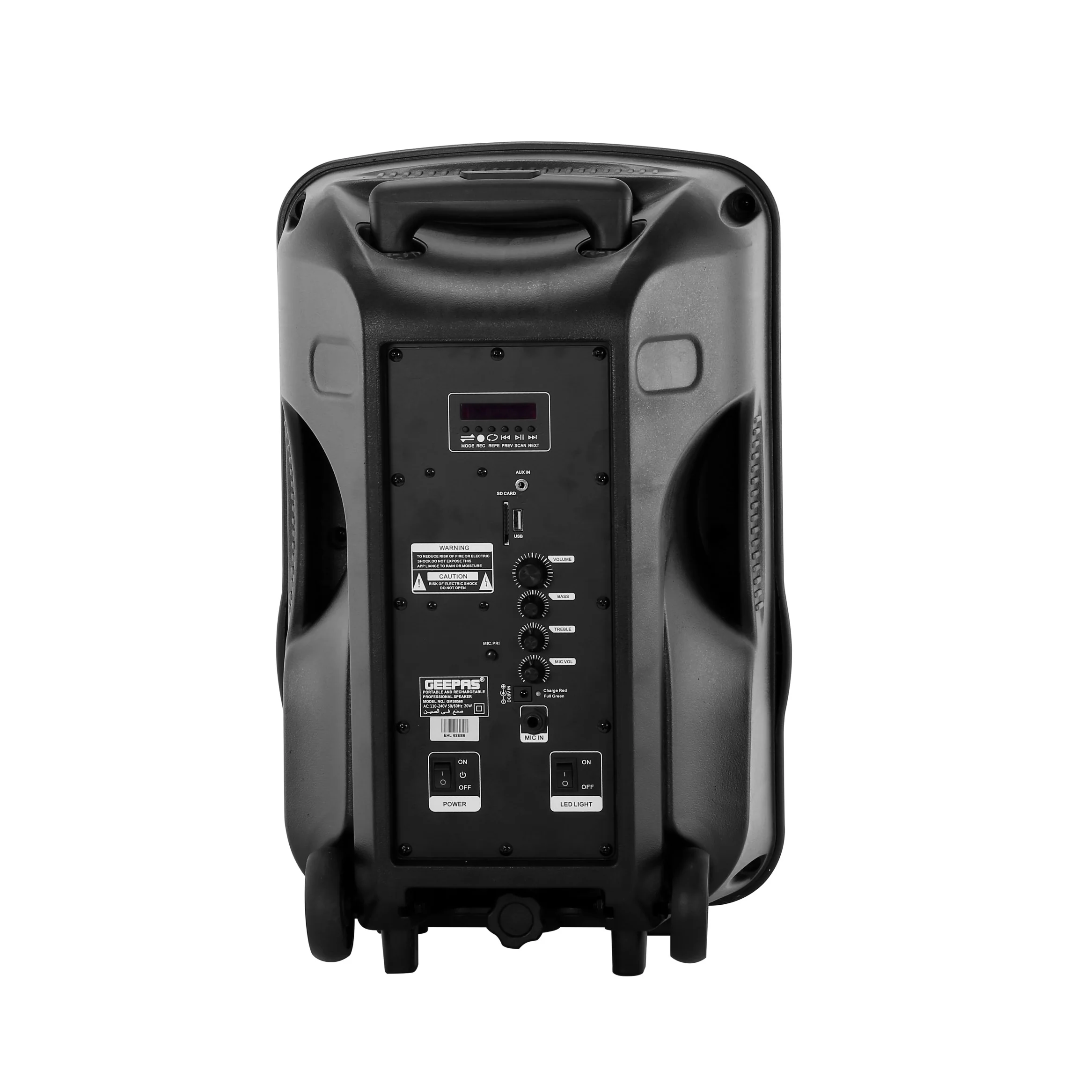 Geepas GMS8568 Portable & Rechargeable Professional Speaker | Bluetooth| USB/SD/FM| Wireless Mic| LED Disco Light| 7.4V/1800mAh Battery| Remote Control| 2 Years Warranty - Image 6