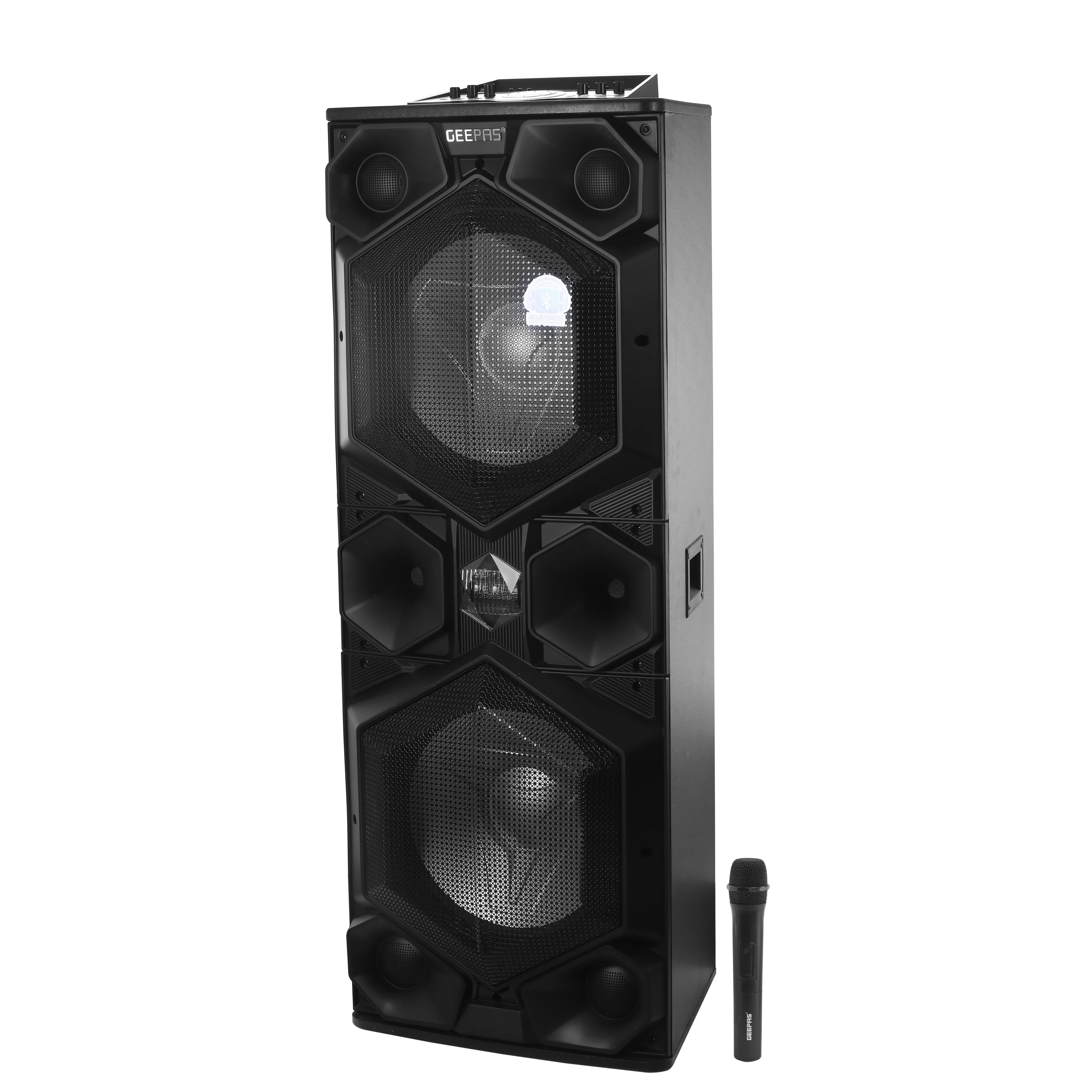 Geepas GMS8569 Professional Active Speaker System | Bluetooth| USB/SD Input| FM Stereo Radio| Wireless Microphone| LED Light| 6-Band Equalizer| 80000W PMPO Power Output - Image 5