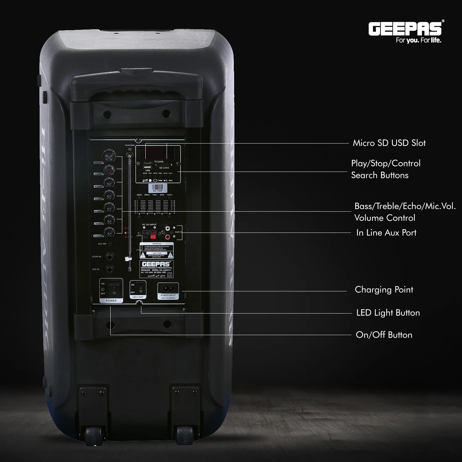 Geepas GMS8574 Portable & Rechargeable Professional Speaker | 60000W PMPO | Bluetooth Connectivity | TWS Function | FM Radio| USB/TF/AUX Input |  2-Year Warranty - Image 3