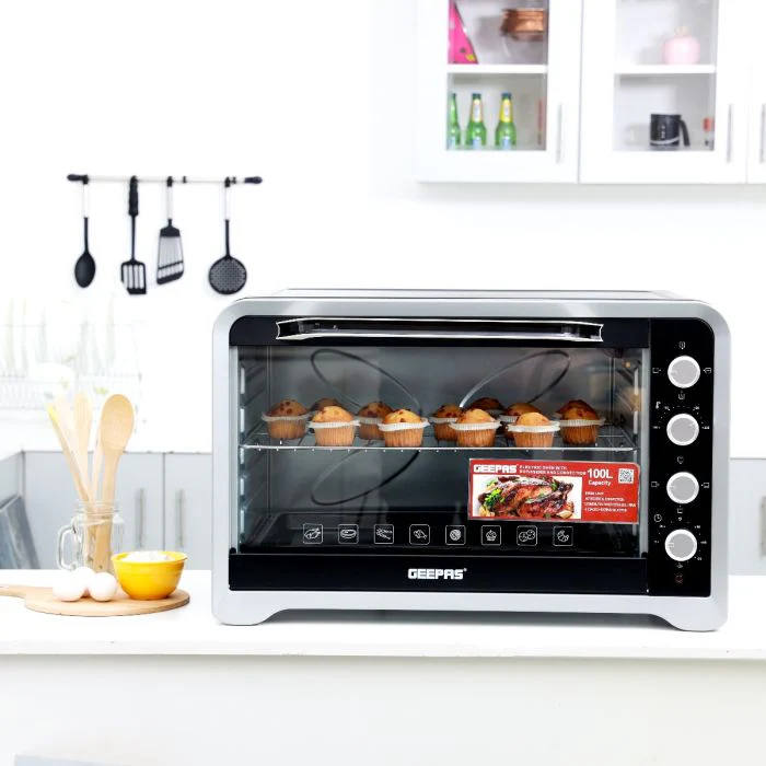 Geepas GO34027 100L Electric Oven with Rotisserie & Convection | 2800W Power | Adjustable Temperature | 4 Knobs | 120 Minute Timer with Bell | 2 Years Warranty - Image 3