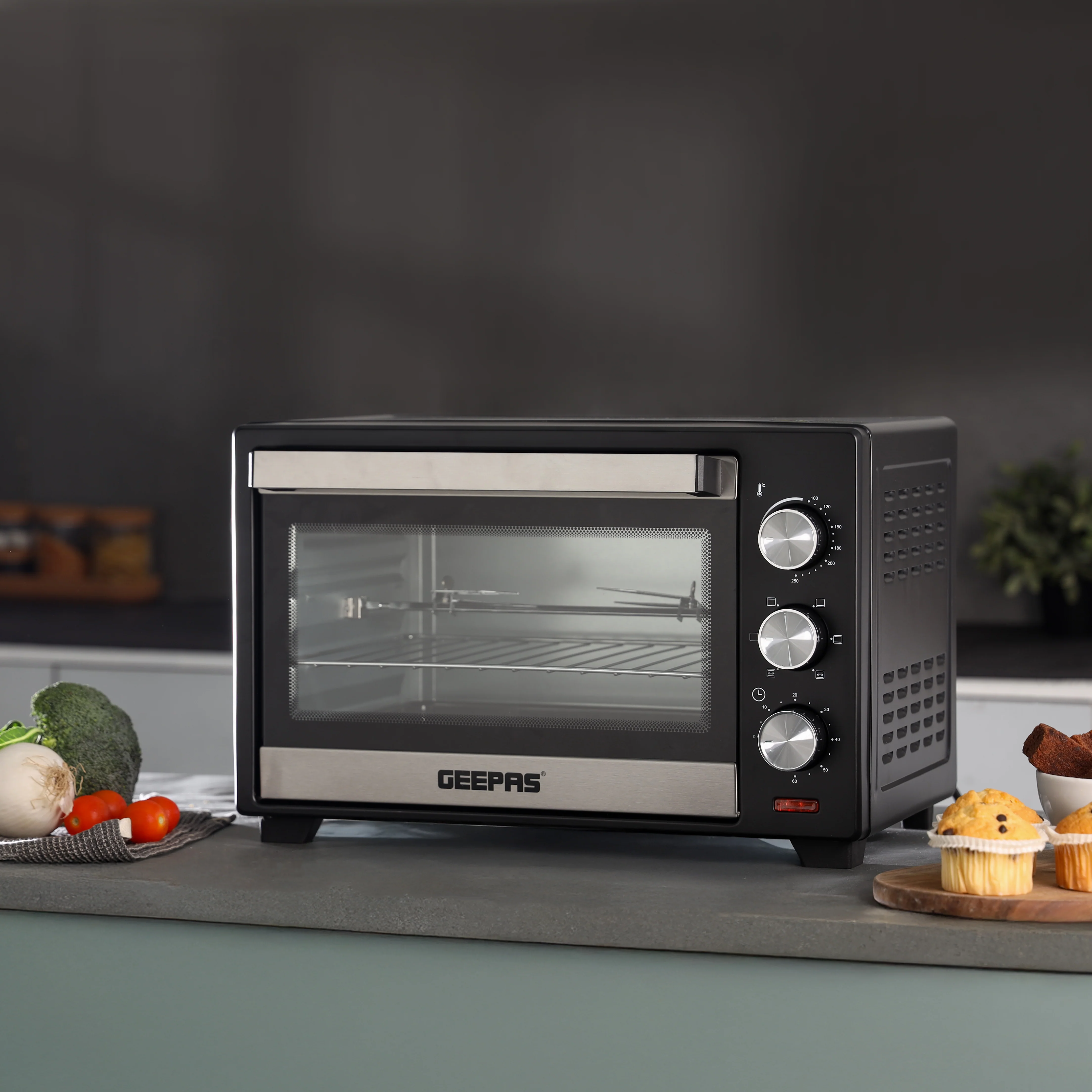 Geepas GO4466 Electric Oven with Rotisserie | 24L Capacity | 1600W Power | Adjustable Temperature Control | 60-Minute Timer | Perfect for Baking, Grilling, and Roasting - Image 2